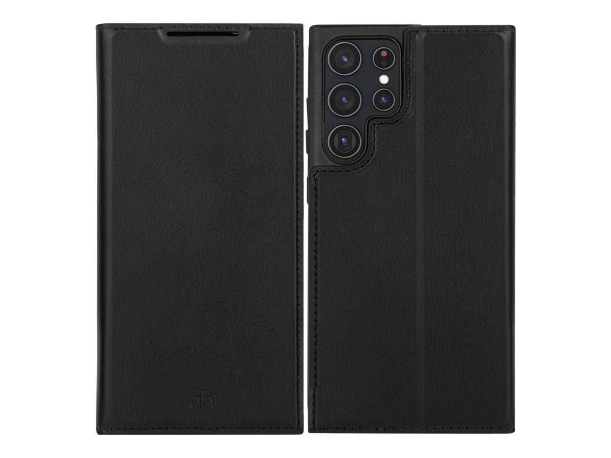 Schwarze Smartphone-Geldbörsen-Hülle im Lederstil, geöffnet dargestellt, mit Vorderdeckel und Rückseite mit Ausschnitt für mehrere Kameras.