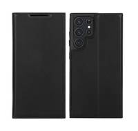 Schwarze Telefon-Geldbörsen-Schutzhülle, von vorne und hinten gezeigt, mit Kameraausschnitten und Klappdeckel-Design.