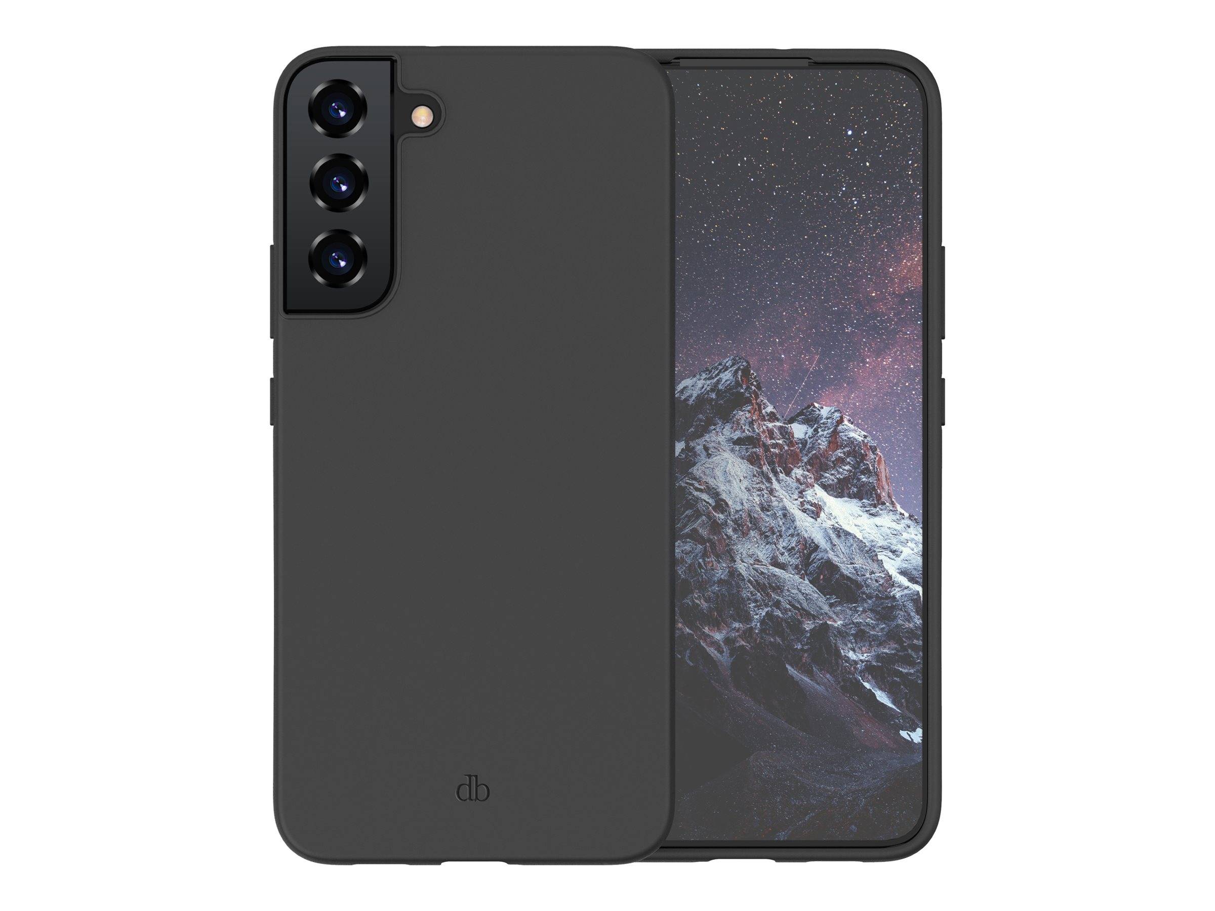 Vorder- und Rückansicht eines schwarzen Smartphones mit einer dreifachen Rückkamera und einem Berglandschaften-Nachthimmel-Hintergrundbild auf dem Bildschirm.