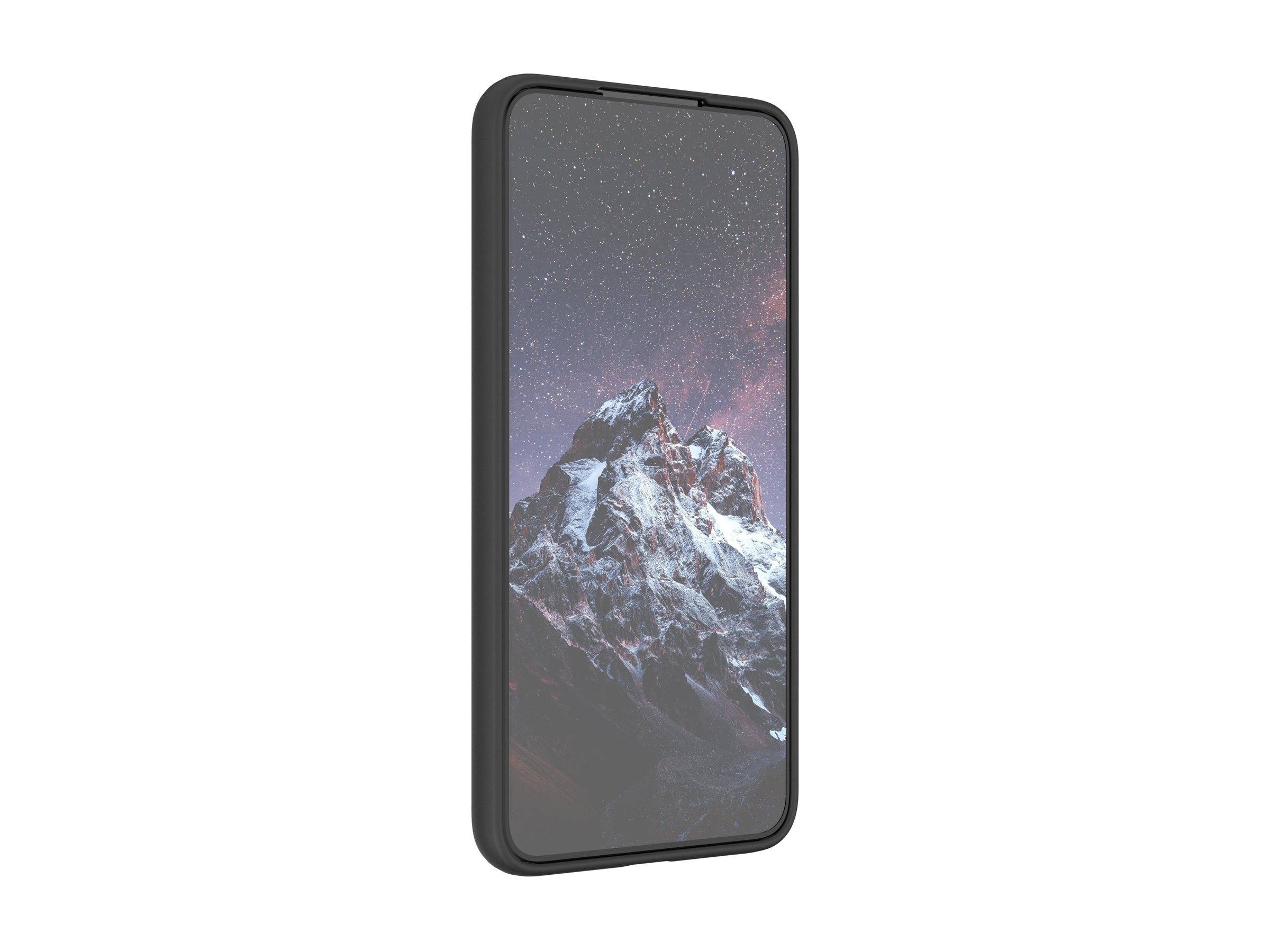Ein schwarzes Smartphone in einer Schutzhülle aufrecht auf weißem Hintergrund gezeigt, wobei auf seinem Bildschirm ein Bergwallpaper angezeigt wird.