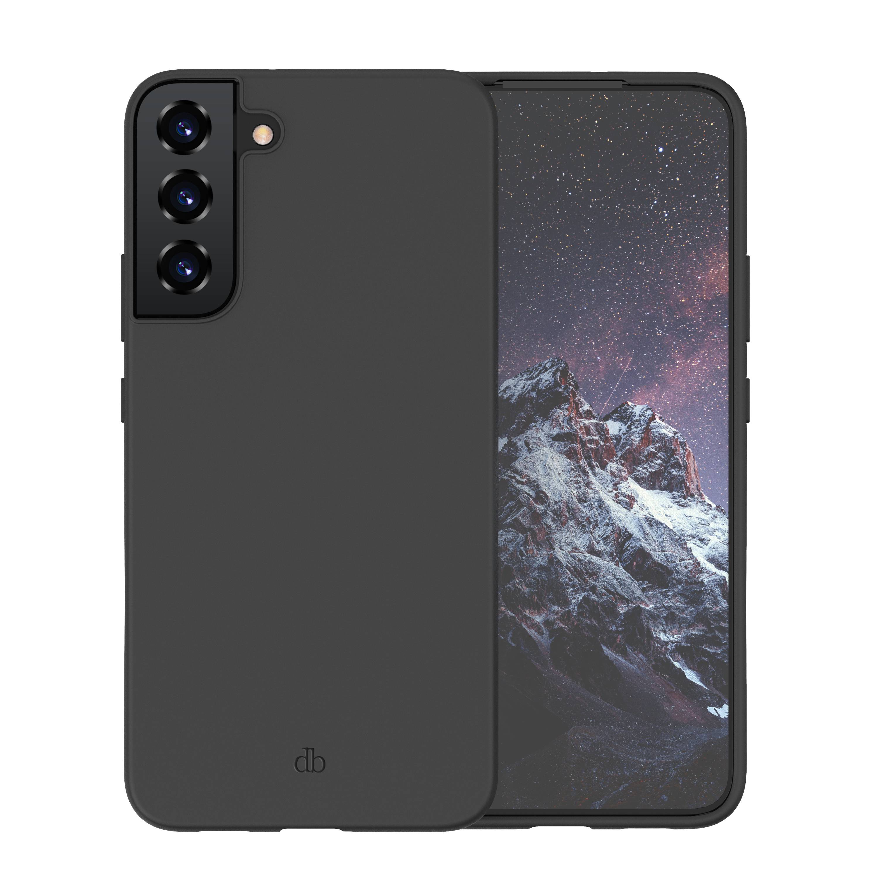 Dunkelgraue Smartphone-Hülle, die auf einem Telefon gezeigt wird, mit drei Aussparungen für die rückwärtigen Kameras und einem Berg-Hintergrundbild, das auf dem Bildschirm sichtbar ist.