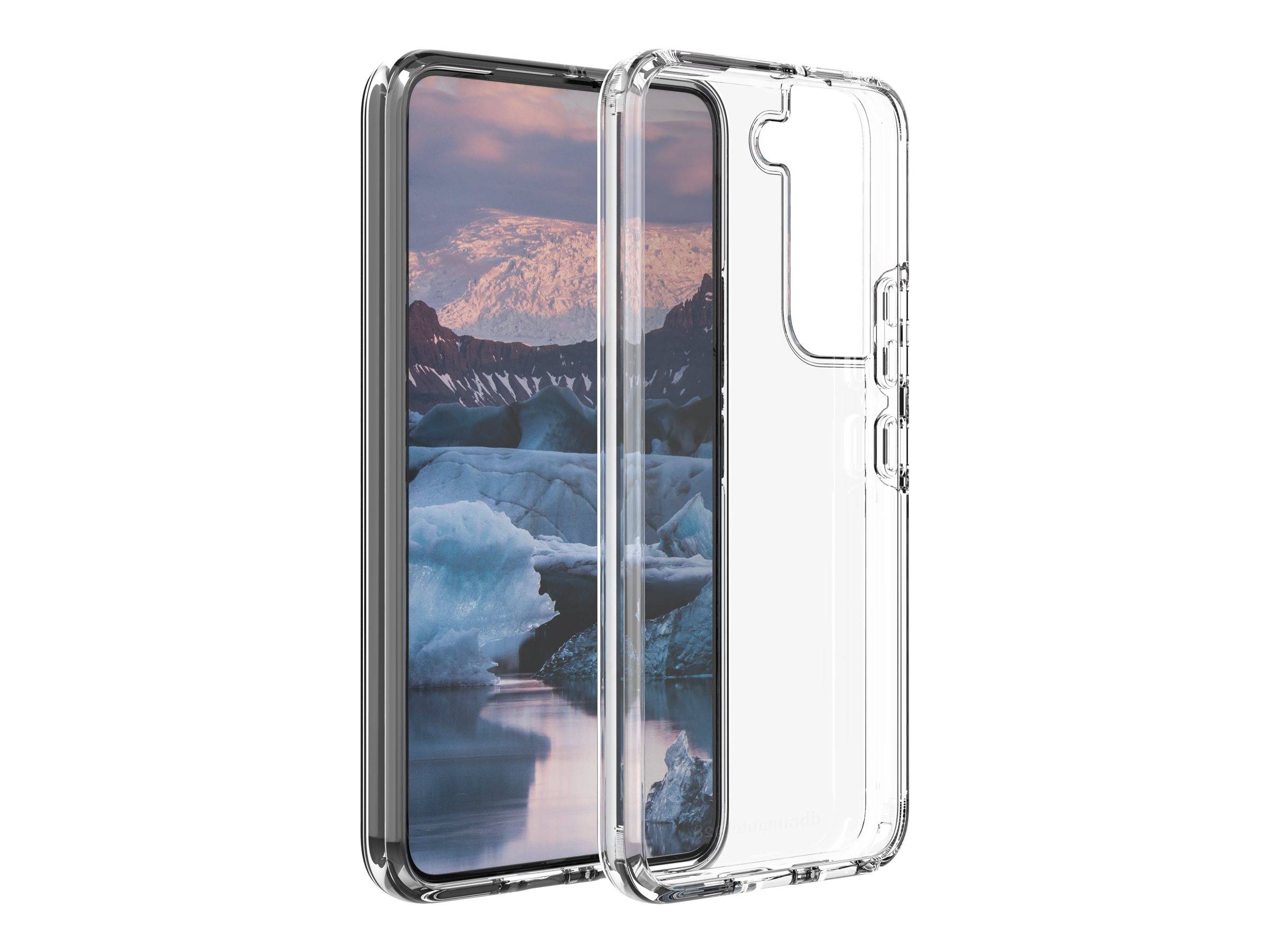 Zwei durchsichtige Handyhüllen, von vorne und hinten gezeigt, mit einem Smartphone in einer Hülle und der transparenten Schutzfolie daneben.