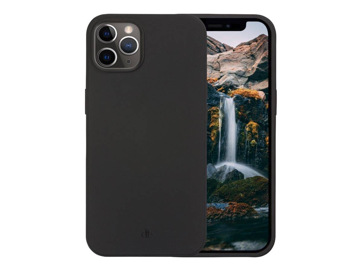 Schwarze Smartphone-Hülle auf der Rückseite eines iPhones gezeigt, mit einer Wasserfall-Landschaft auf dem Telefonbildschirm sichtbar.