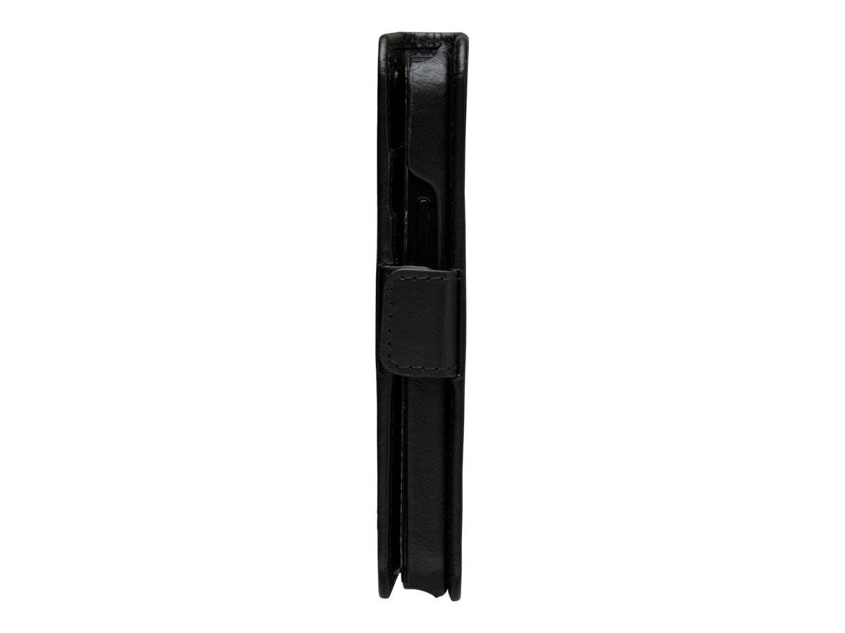 Schwarze Ledertelefonholstertasche in Seitenansicht, mit Gürtelclip und offenem Boden zum Tragen eines Geräts.