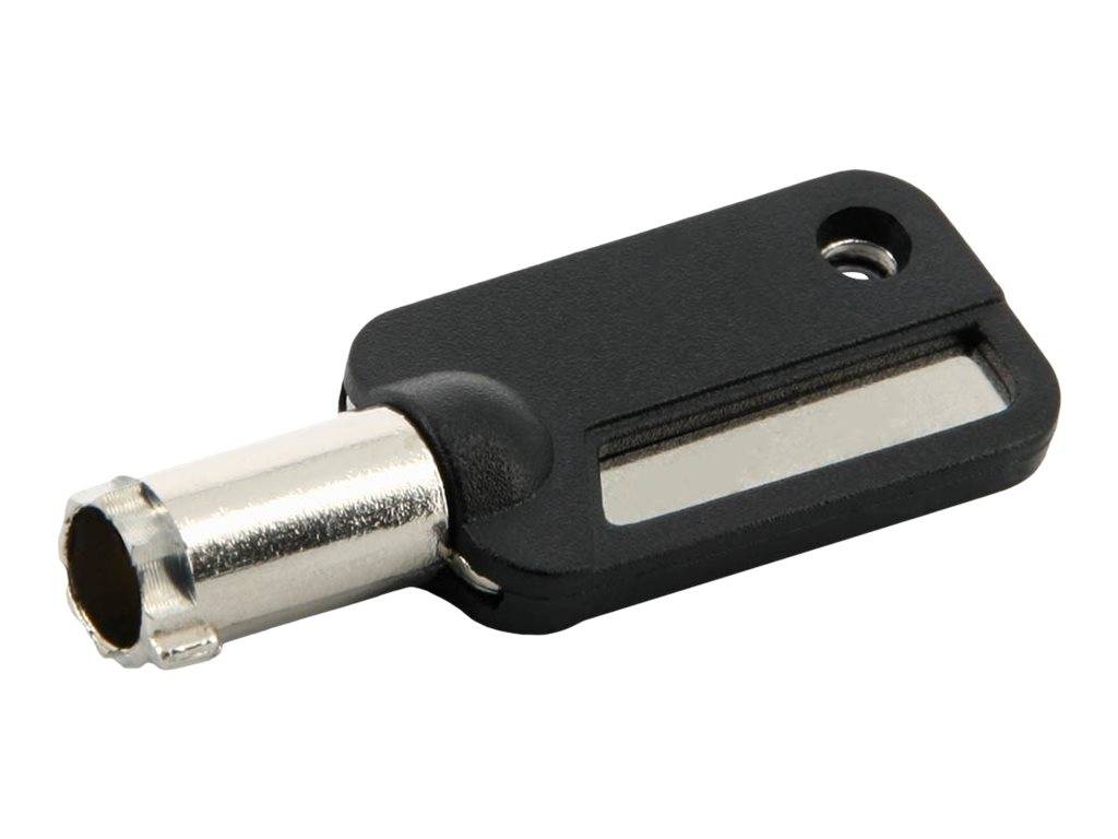 Schwarzer Kunststoff-Koaxialkabeladapter mit silbernem Metallstecker und Schlüsselloch, dargestellt auf weißem Hintergrund.