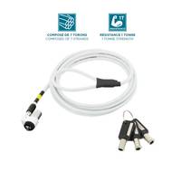 Weiß gewickeltes Lichtwellenleiterkabel mit Metallstecker und drei Steckerenden, dargestellt mit Symbolen für ein Kabel mit 7-adrigem Kupfergeflecht und 1 Hausanschluss.