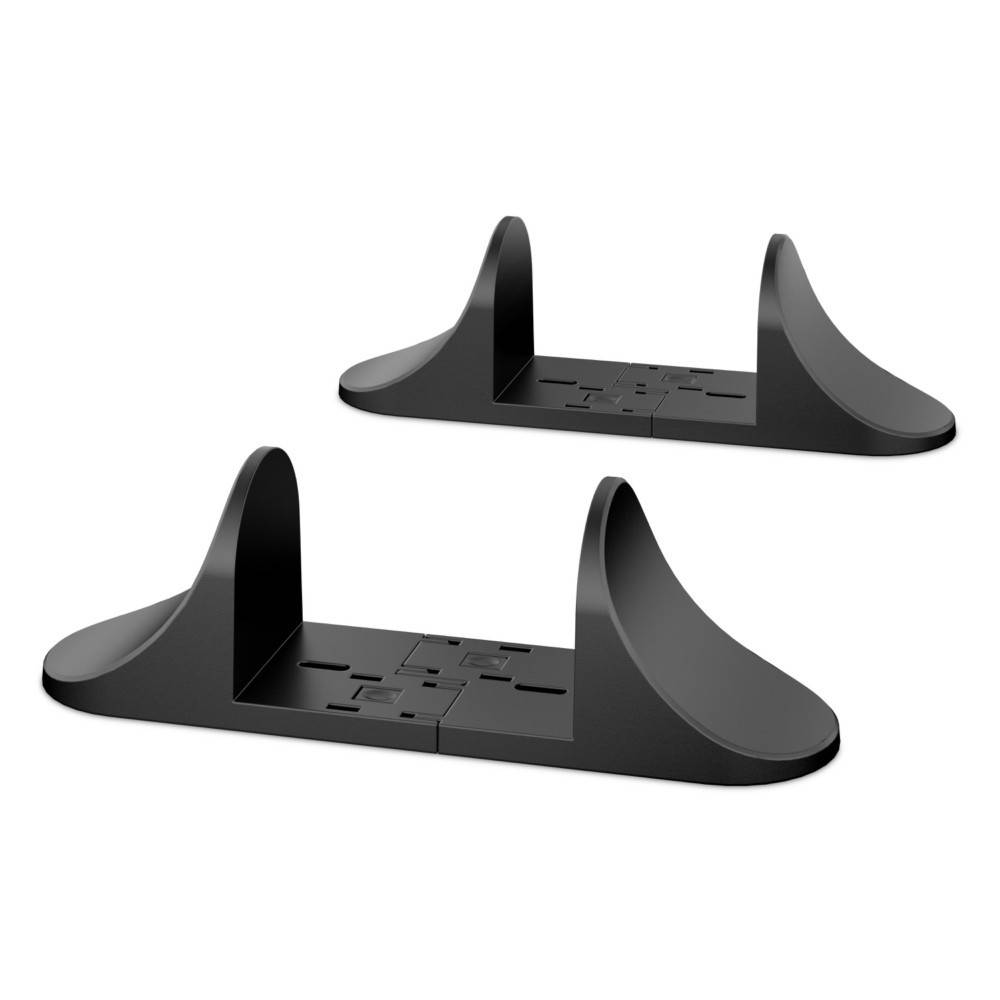 Zwei schwarze Fernsehständer mit abgerundeten Kanten, die entwickelt wurden, um Flachbildschirm-Fernseher zu tragen.