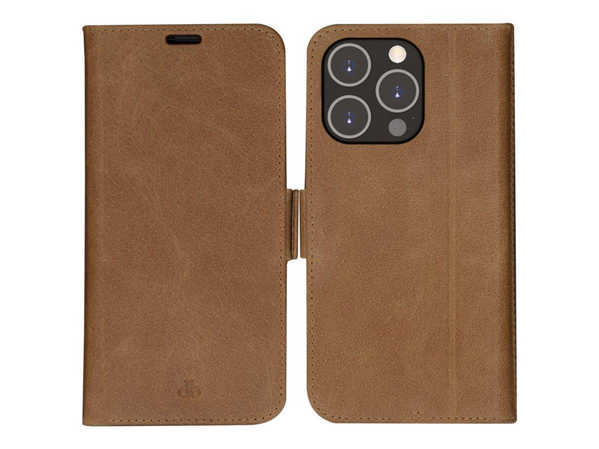 Brauner Ledertelefon-Etui mit geöffneter Abdeckung, die ein strukturiertes Material und fünf kreisförmige Aussparungen für die Kamera auf der Rückseite zeigt.