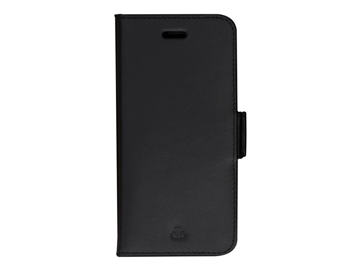 Eine geschlossene schwarze Ledertasche für ein Telefon mit einem kleinen geprägten Anker-Logo in der Mitte unterhalb, ausgestattet mit einer magnetischen Klappe an der Seite.