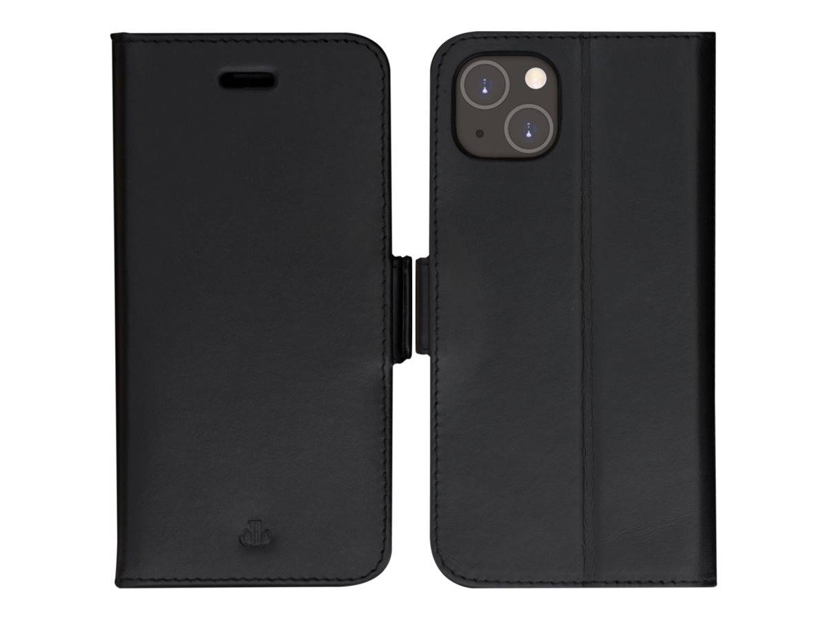 Schwarze Leder-Handyhülle mit Klappe, geöffnet, um ein Smartphone mit Dual-Kamera zu enthüllen.