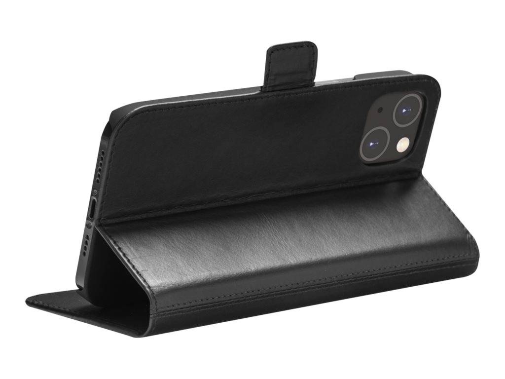 Ein Smartphone in einem schwarzen Lederbrieftasche-ähnlichen Etui, von der Seite betrachtet. Das Etui ist aufgeklappt, um das Telefon aufrecht zu stützen.