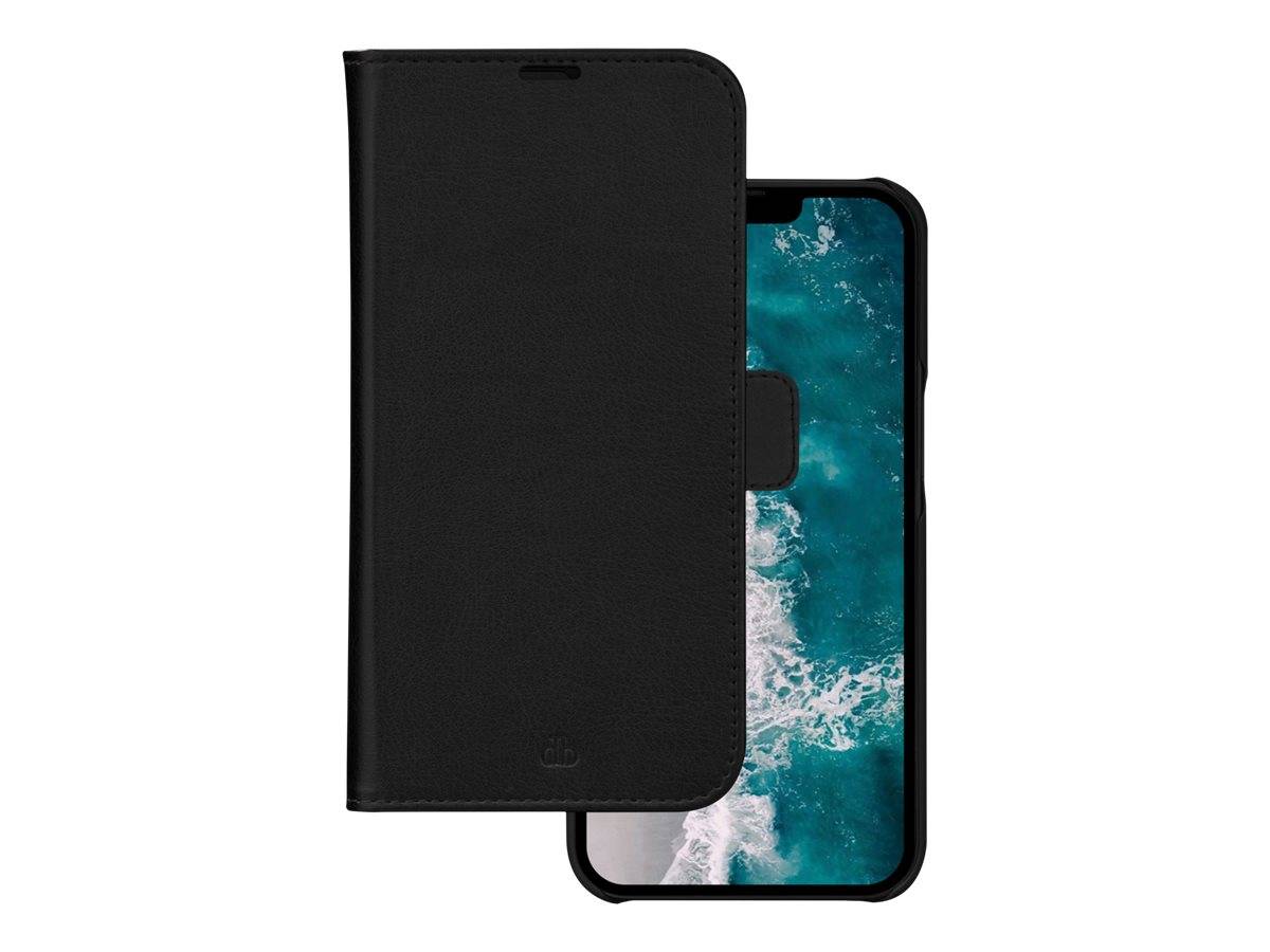 Schwarze Klapphandytasche mit teilweise geöffnetem Frontdeckel, das einen Smartphone-Bildschirm mit Meereswellen-Hintergrund zeigt.