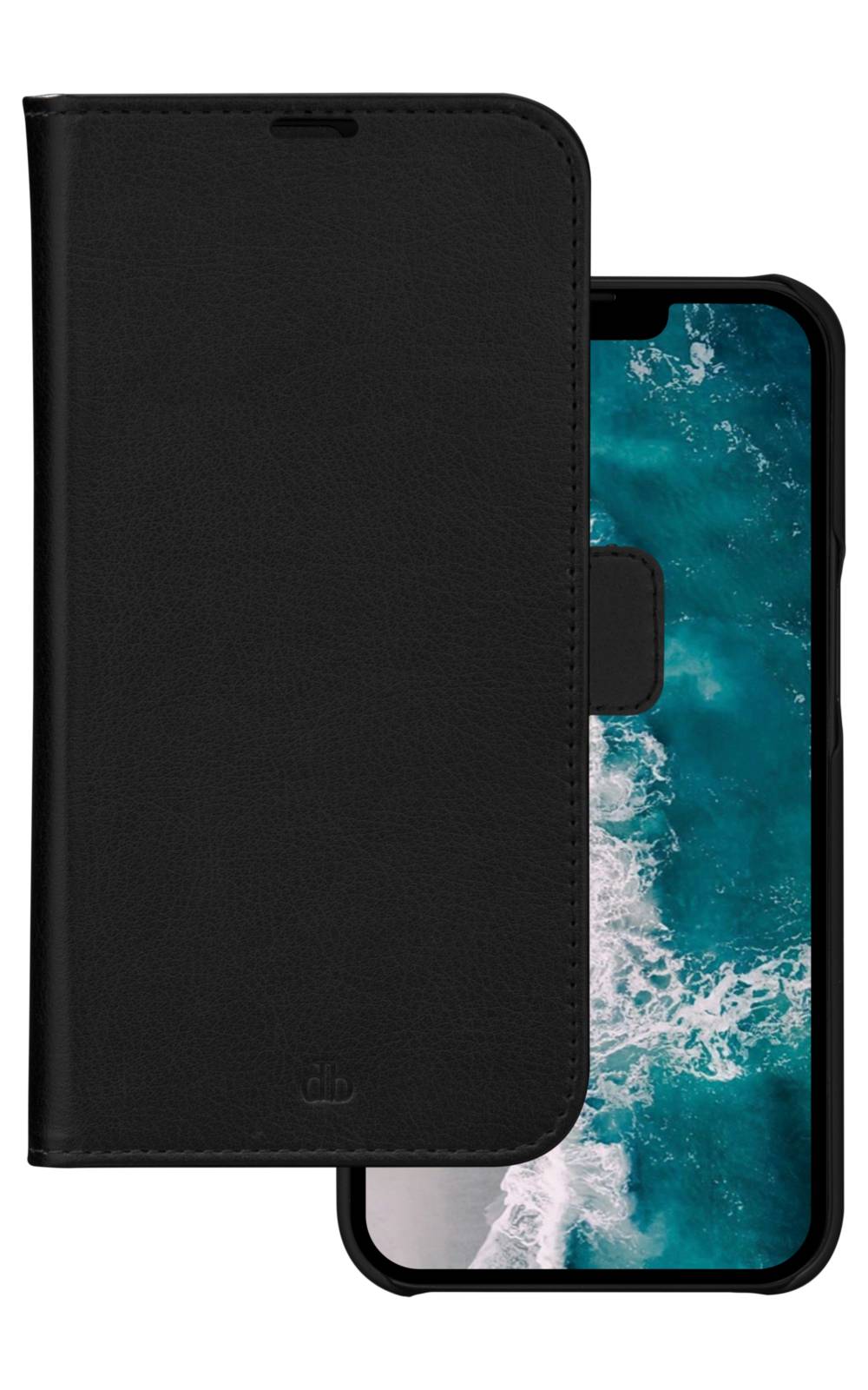Schwarze Folio-Handyhülle, die ein Smartphone teilweise abdeckt, mit einem Bildschirm, der ein blaues Meereswellen-Hintergrundbild zeigt.
