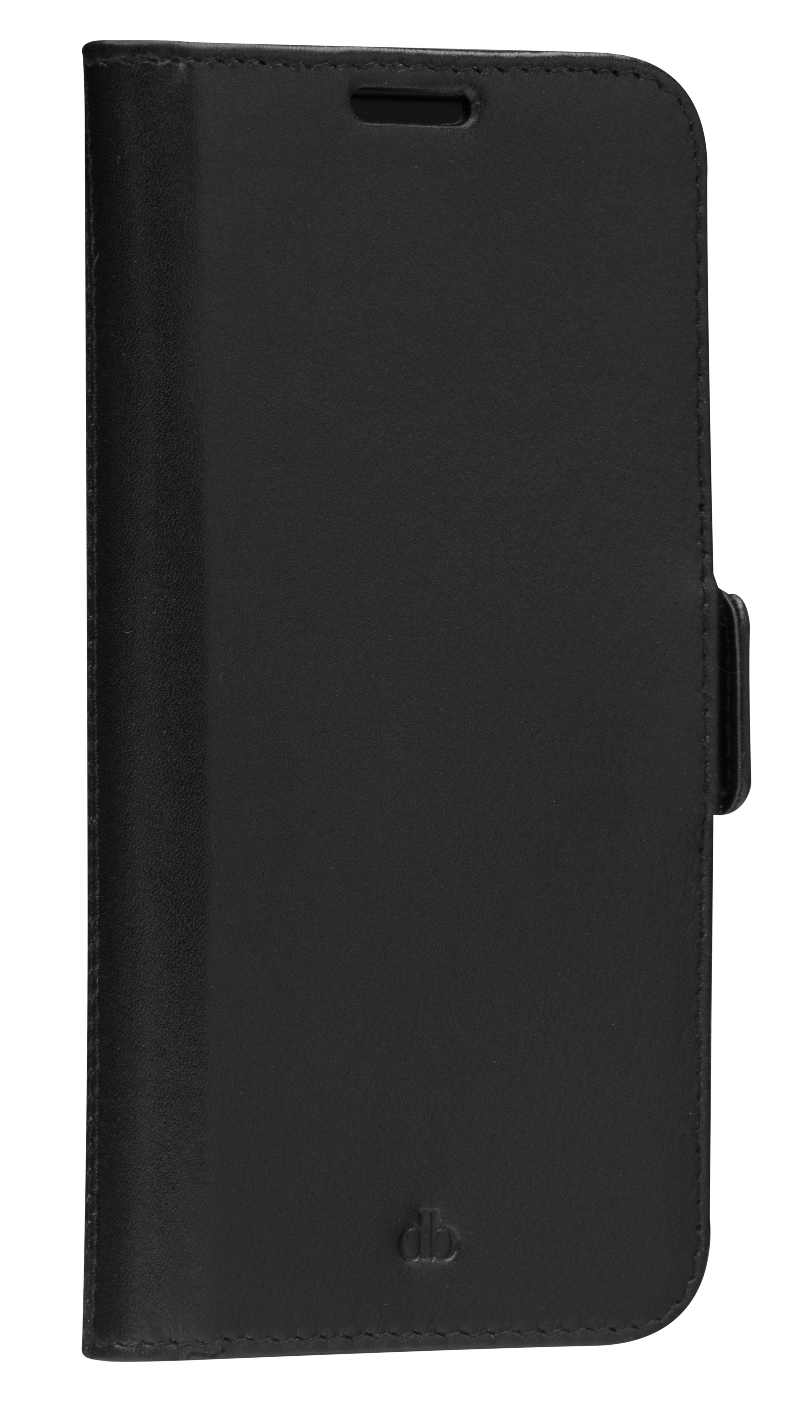 Schwarze Smartphone-Folio-Schutzhülle mit Vorderdeckel, Lautsprecherausschnitt und seitlichem Klappverschluss.