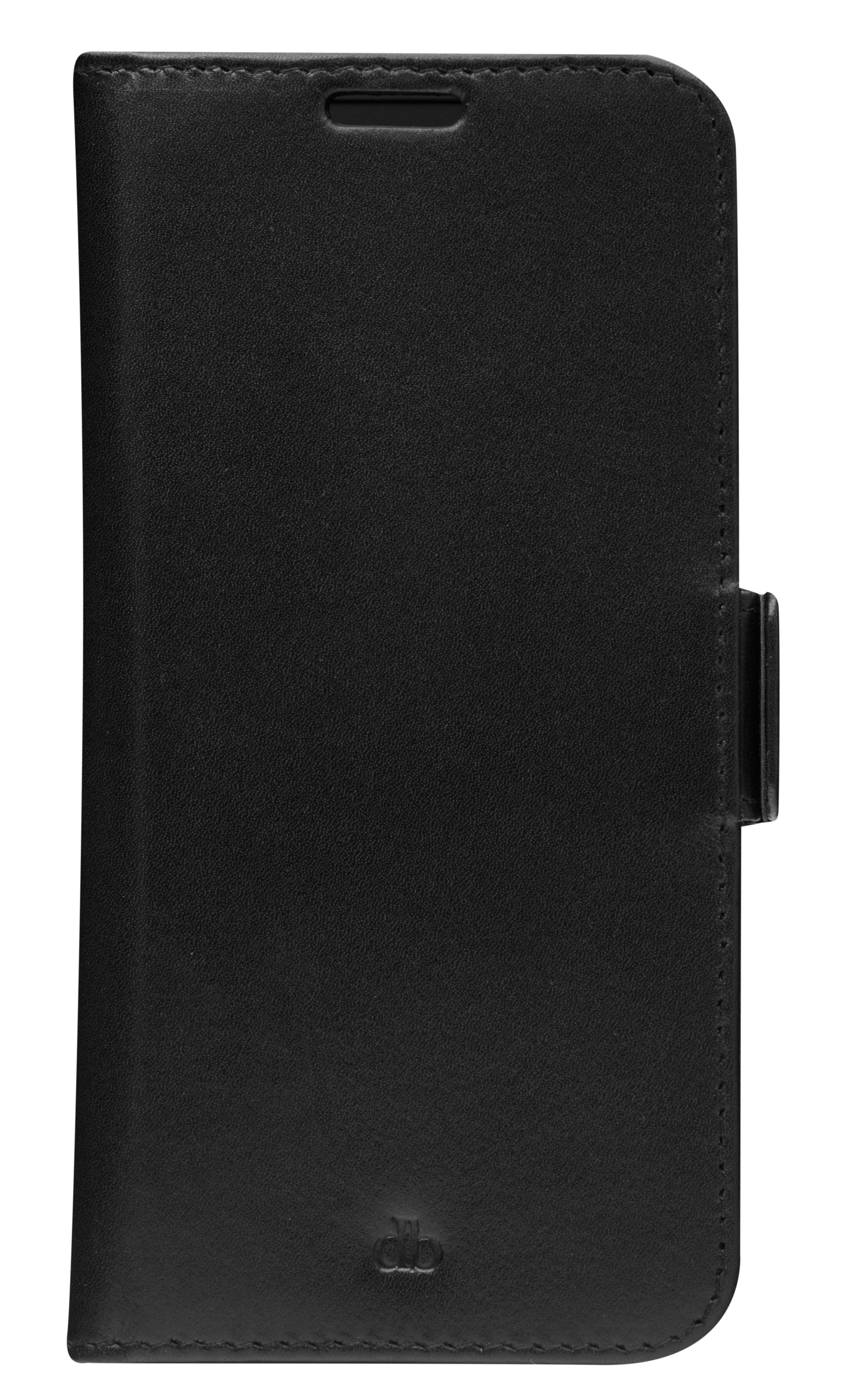 Schwarzes Smartphone-Flip-Case mit einem vorderen Ausschnitt für den Kopfhörer und einer seitlichen Verschlusszunge, geschlossen auf weißem Hintergrund dargestellt.