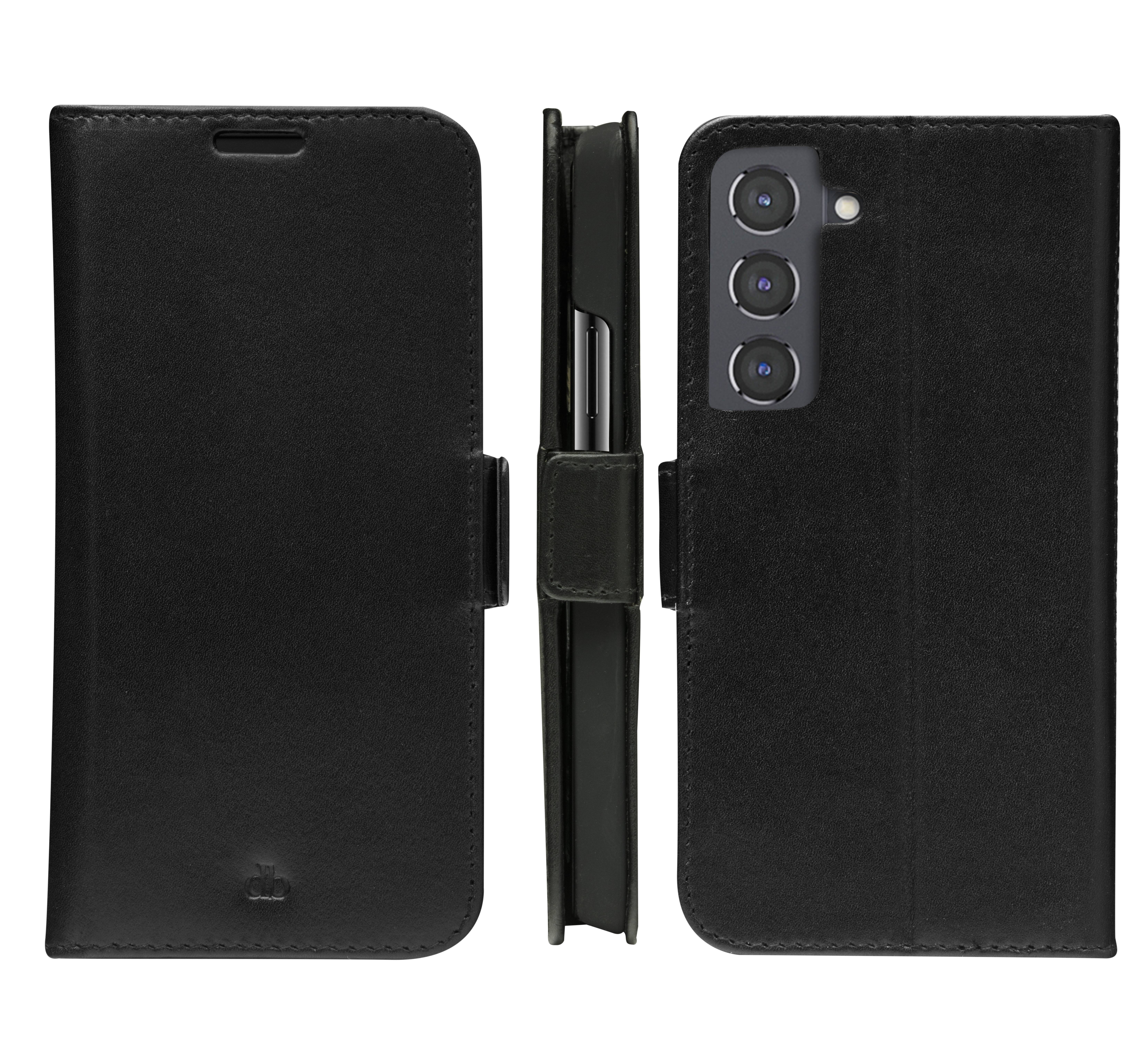 Schwarze Ledermappentasche für Telefon in Vorder-, Seiten- und Rückansicht, mit Kameraaussparungen und magnetischem Verschlussdeckel.