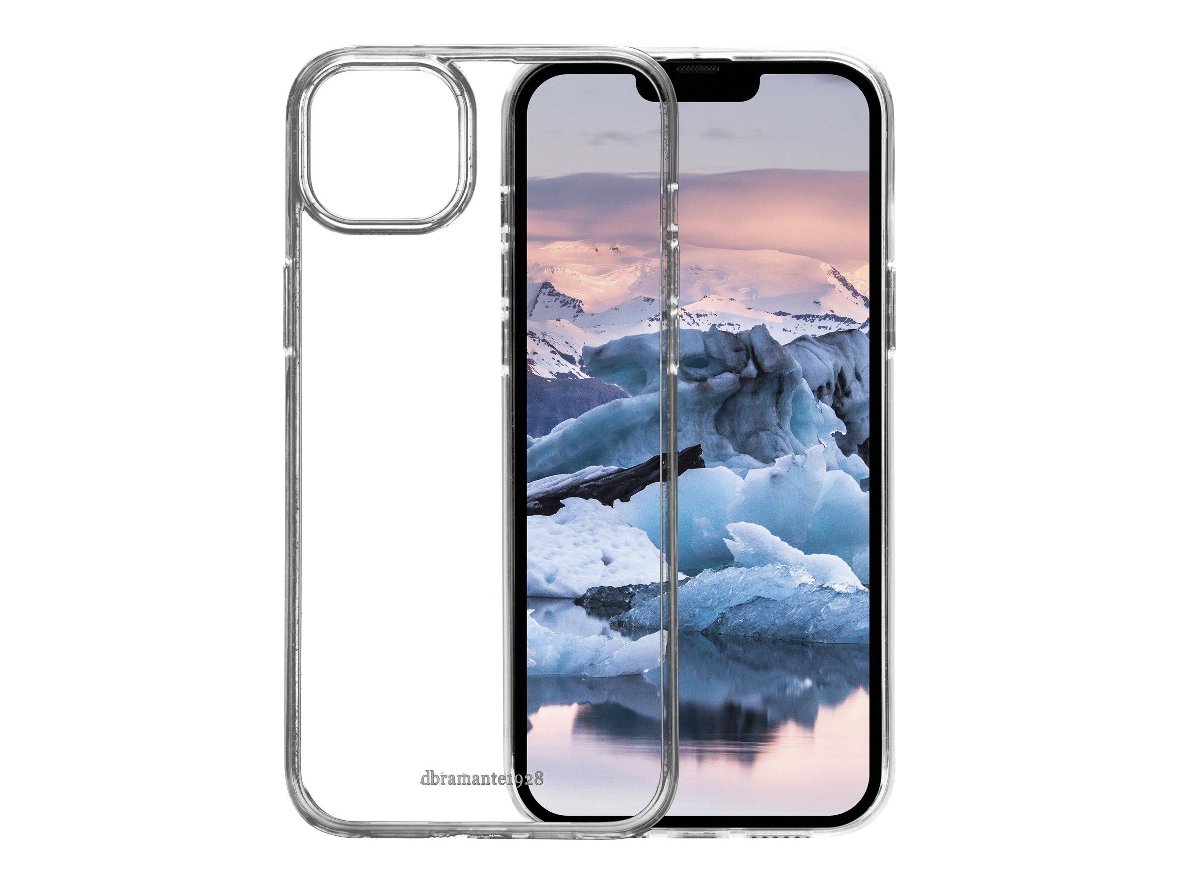 Transparente Handyhülle, die vor einem Smartphone mit einem Eisberg-Hintergrundbild gezeigt wird, wobei die Passform der Hülle und der Kameraausschnitt hervorgehoben werden.