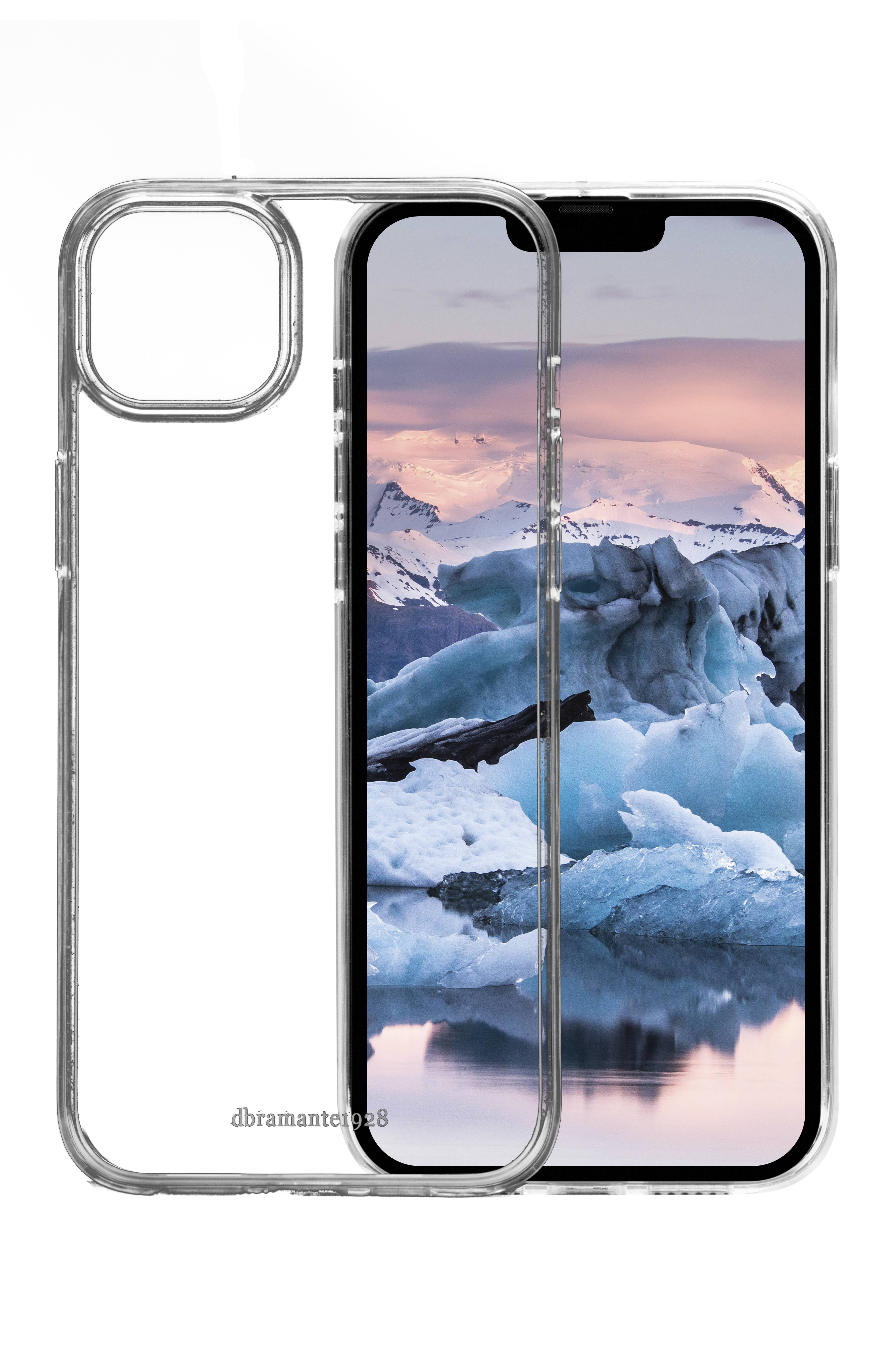 Transparente Schutzhülle für Mobiltelefone neben einem iPhone mit Gletscherlandschaft auf dem Bildschirm, wobei die Kameraaussparung und die Passform der Hülle hervorgehoben werden.