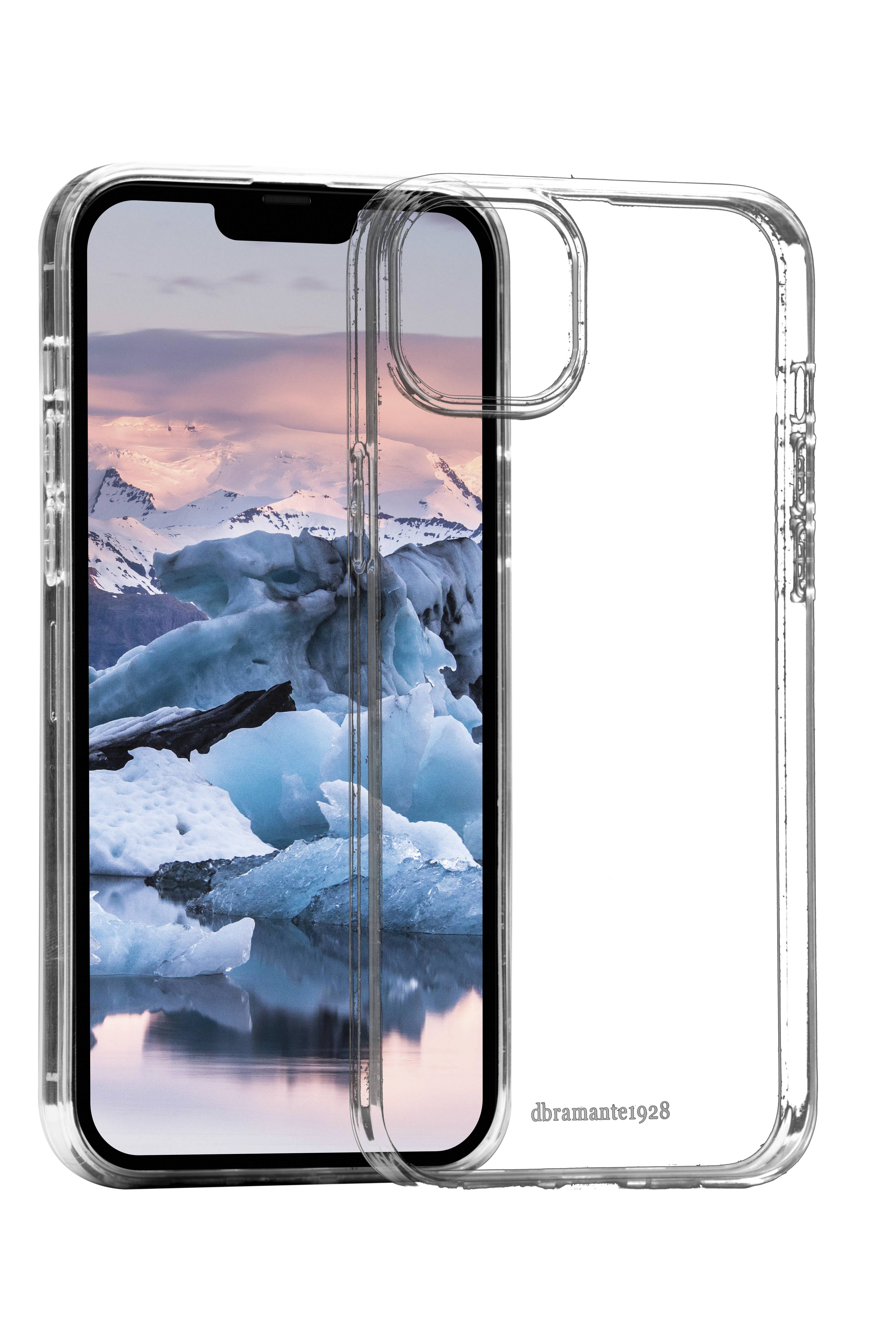 Transparente Schutzhülle für Smartphones von vorne und hinten gezeigt, mit durchsichtigem Design und erhöhtem Kameraausschnitt.