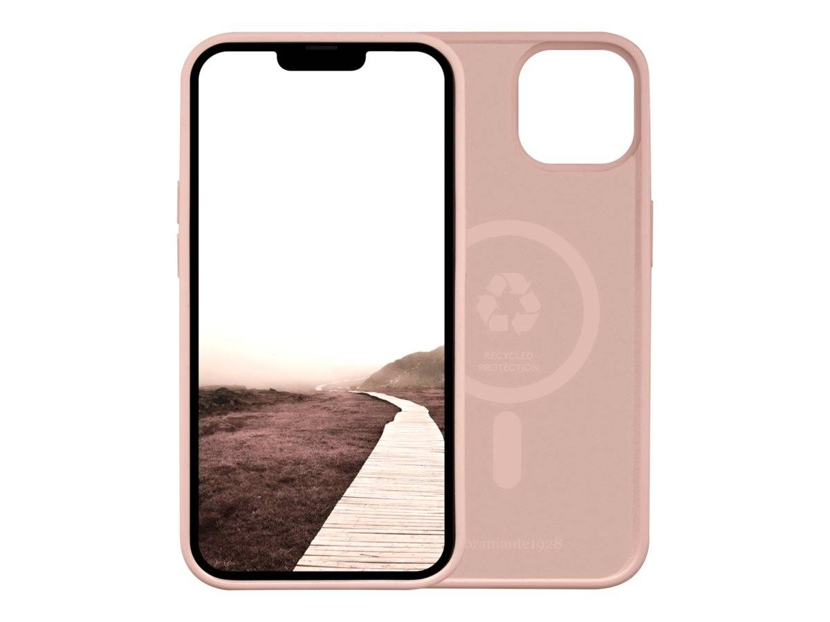 Rosa Handyhülle mit eingebautem kabellosen Ladering, dargestellt auf einem iPhone mit einem Foto einer Strandpromenade.