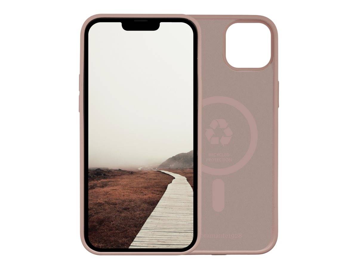 Ein Smartphone mit einem rosa Gehäuse zeigt eine neblige Landschaft mit einem Holzweg, der in die Ferne führt. Das Bild auf dem Bildschirm bedeckt die gesamte Anzeige.