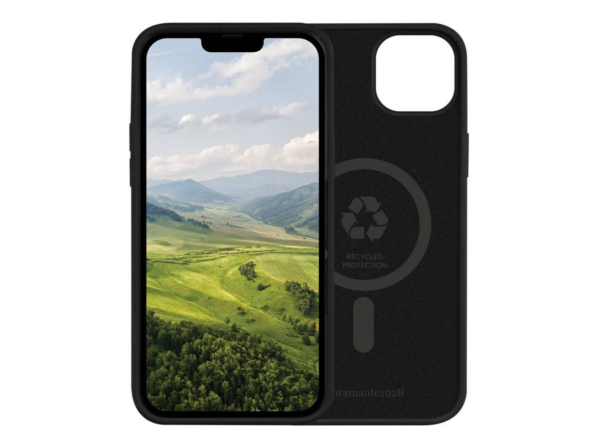 Schwarze Smartphone-Hülle mit Landschafts-Hintergrund im Hochformat auf dem Bildschirm, der grüne Hügel und Berge zeigt, wobei das Hüllendesign und die Kameraaussparung sichtbar sind.
