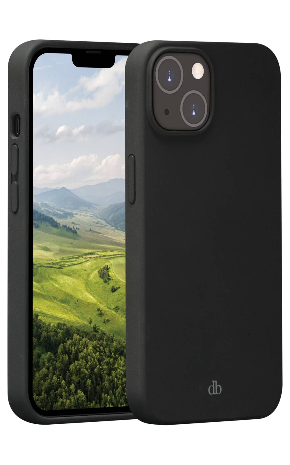Schwarzes Smartphone mit einer Dual-Kamera-Hülle, von vorne und hinten gezeigt, mit einem Landschafts-Hintergrundbild auf dem Bildschirm.