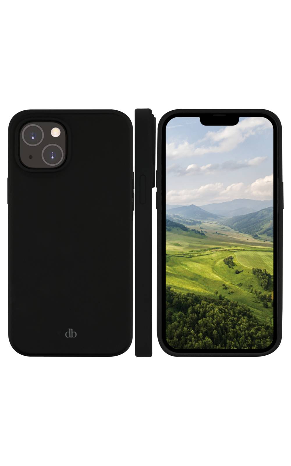 Schwarzes Smartphone-Etui, das von vorne und hinten gezeigt wird, mit einem Telefon, das eine grüne Berglandschaft auf seinem Bildschirm anzeigt.