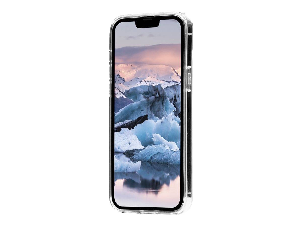 Ein Smartphone mit schwarzem Gehäuse zeigt eine Gletscher- und schneebedeckte Berglandschafts-Hintergrund auf weißem Hintergrund an.