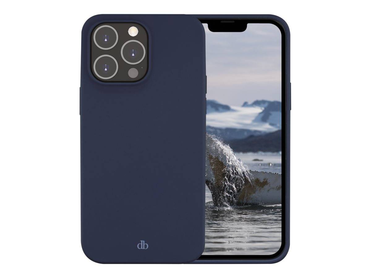 Dunkelblau durchsichtiges Smartphonecover, das auf einem iPhone mit einer Aussparung für drei Kameras gezeigt wird und teilweise ein Berglandschaft-und-Wasser-Hintergrundbild auf dem Bildschirm verdeckt.