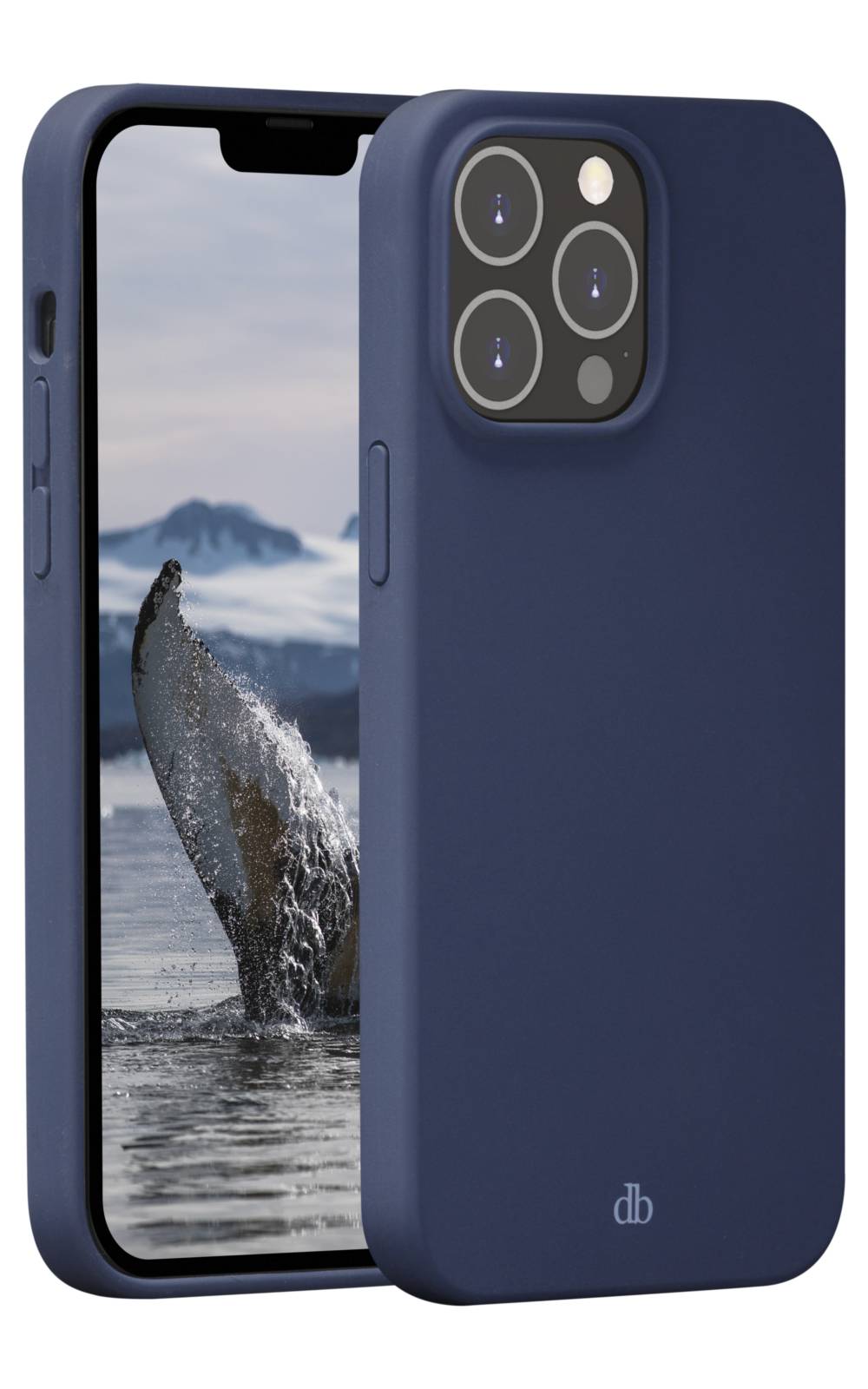 Blaue Smartphone-Hülle von vorne und hinten gezeigt, mit Kameraausschnitt und subtlem „db