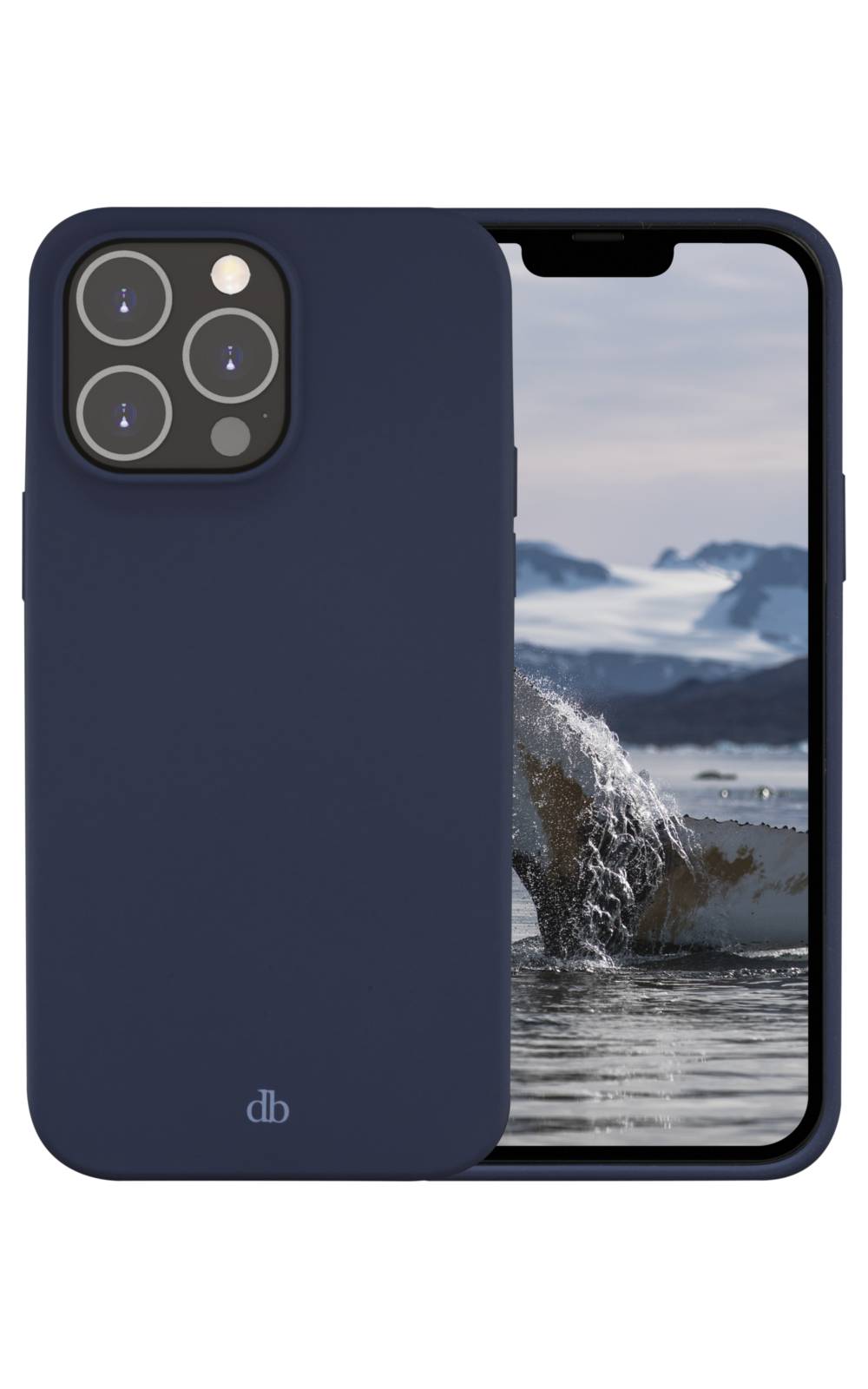 Navy-blaue Smartphone-Schutzhülle von vorne und hinten gezeigt, mit Dreifach-Kamera-Ausschnitt und kleinem 