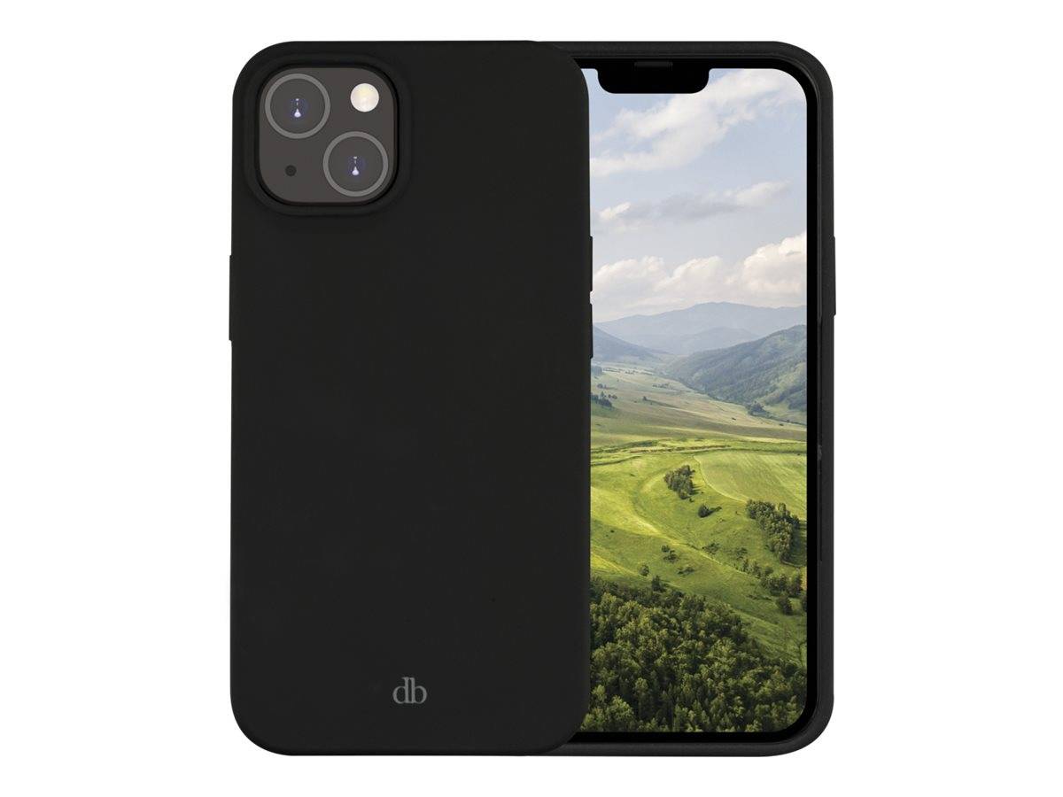Schwarze Smartphone-Hülle von vorne und hinten gezeigt, mit Dual-Kamera-Ausschnitt und Handybildschirm, der eine grüne Berglandschaft anzeigt.