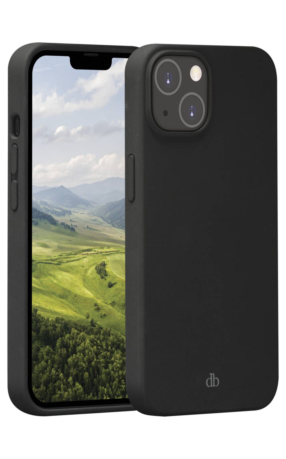 Schwarze Smartphone-Hülle, die auf einem iPhone mit Kameraausschnitten gezeigt wird, neben einem Telefon, das eine grüne Berglandschaft auf dem Bildschirm anzeigt.