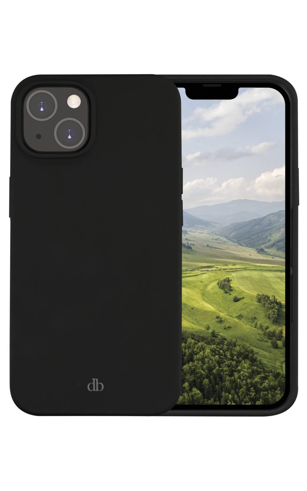 Schwarze Smartphone-Hülle neben einem Telefon gezeigt, das eine grüne Berglandschaft auf dem Bildschirm anzeigt.