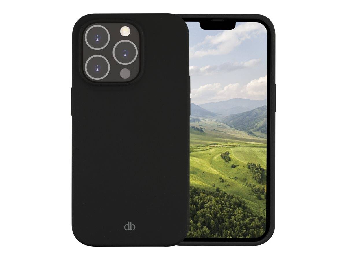Schwarze Smartphone-Hülle, von vorne und hinten gezeigt, mit einer Landschafts-Hintergrundbild auf dem Telefonbildschirm und dreifachen Kameragitter auf der Rückseite.