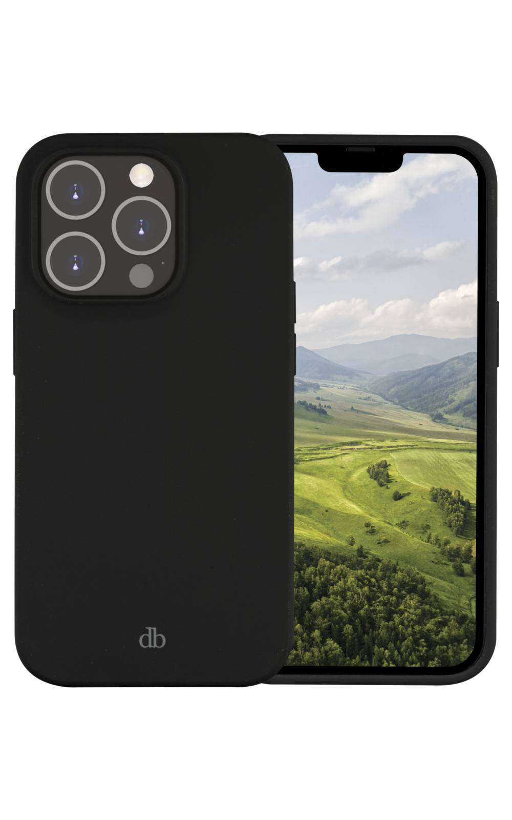 Schwarze Smartphone-Hülle mit drei kreisförmigen Kameraausschnitten auf der Rückseite, gezeigt neben einem Telefon mit einer grünen Berglandschaft auf dem Bildschirm.