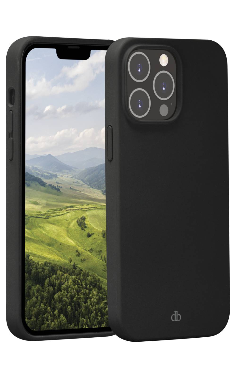 Schwarzes Smartphone in einer Schutzhülle, von vorne und von hinten gezeigt, mit einer Berglandschaft auf dem Bildschirm und einer quadratischen Multi-Kamera-Aussparung auf der Rückseite.