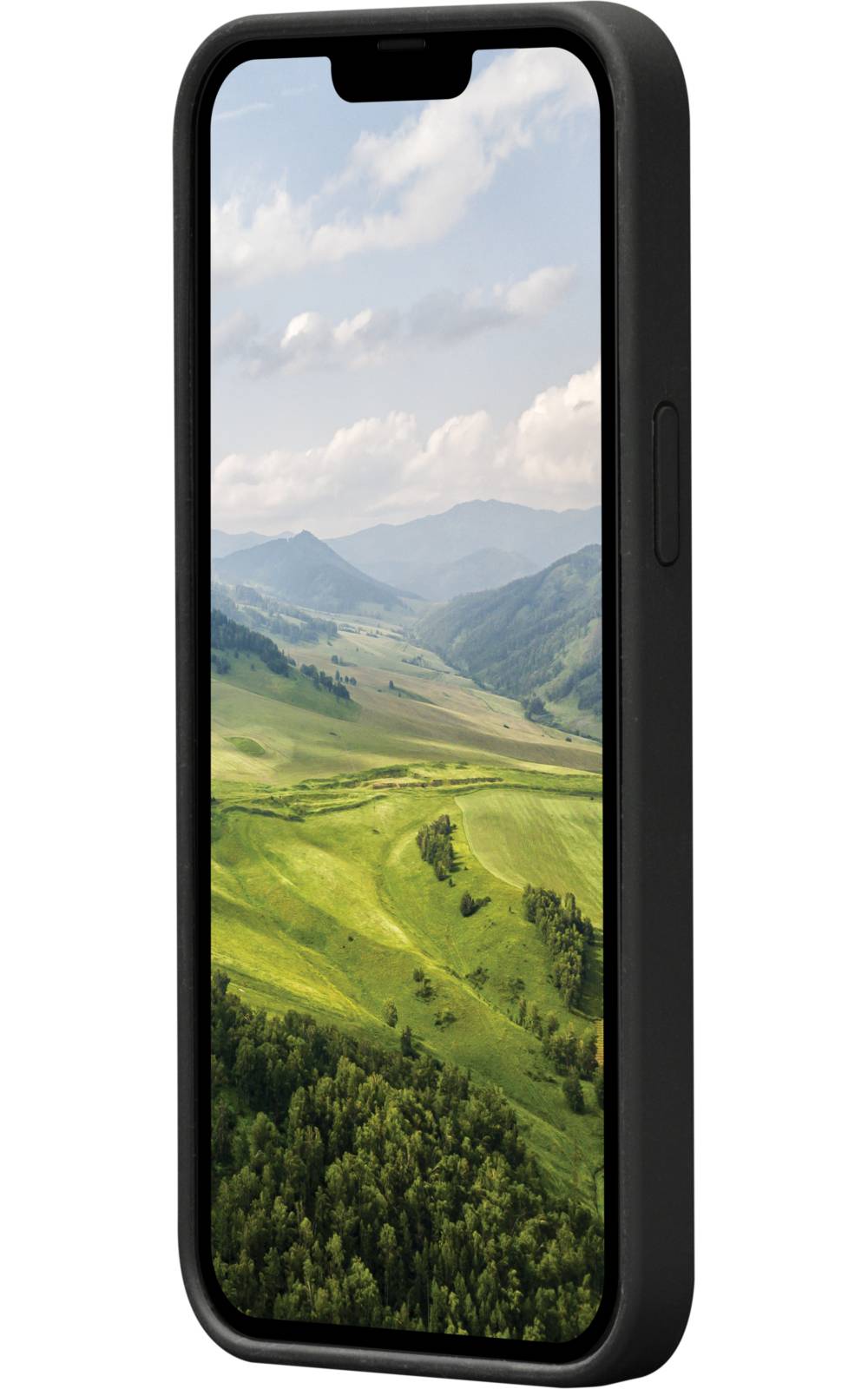 Ein Smartphone mit schwarzem Gehäuse zeigt ein landschaftliches Hintergrundbild eines grünen Bergtals und eines bewölkten Himmels an.