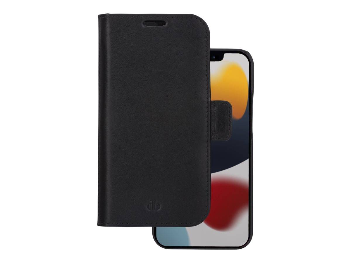 Schwarze Folio-Handyhülle mit Vorderdeckel, die ein teilweise geöffnetes Smartphone im Inneren zeigt.