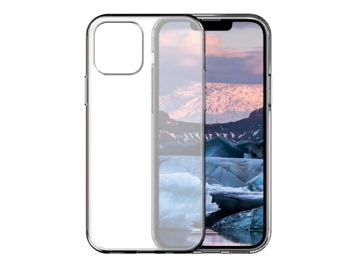 Zwei durchsichtige Handyhüllen werden vor einem Smartphone gezeigt, das ein Berge- und Gletscher-Hintergrundbild anzeigt.