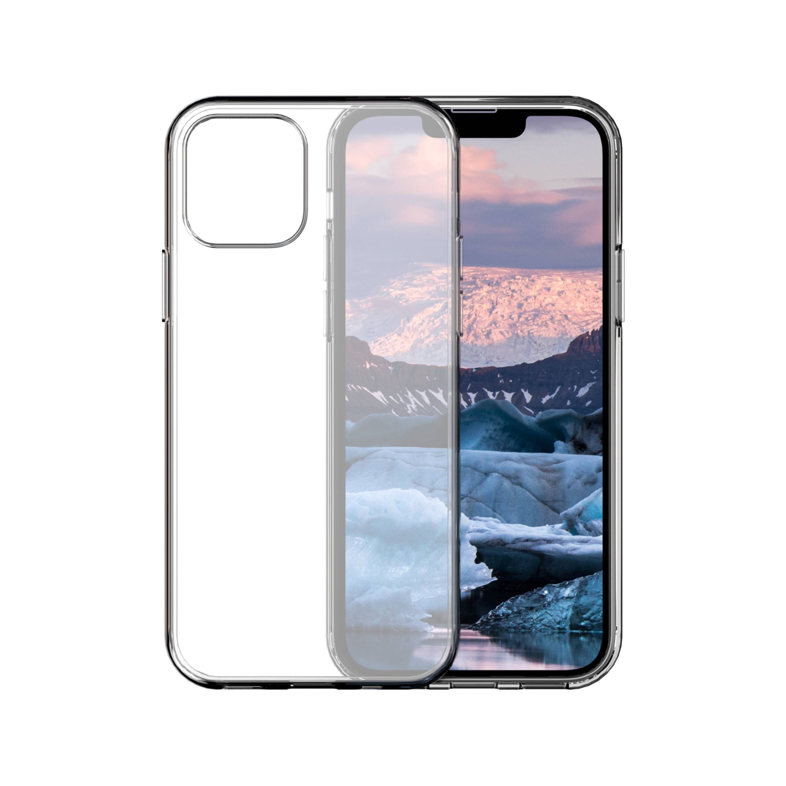 Transparente Schutzhülle für Smartphones, die über einem iPhone mit Landschafts-Hintergrundbild gezeigt wird, Vorder- und Rückansichten nebeneinander.