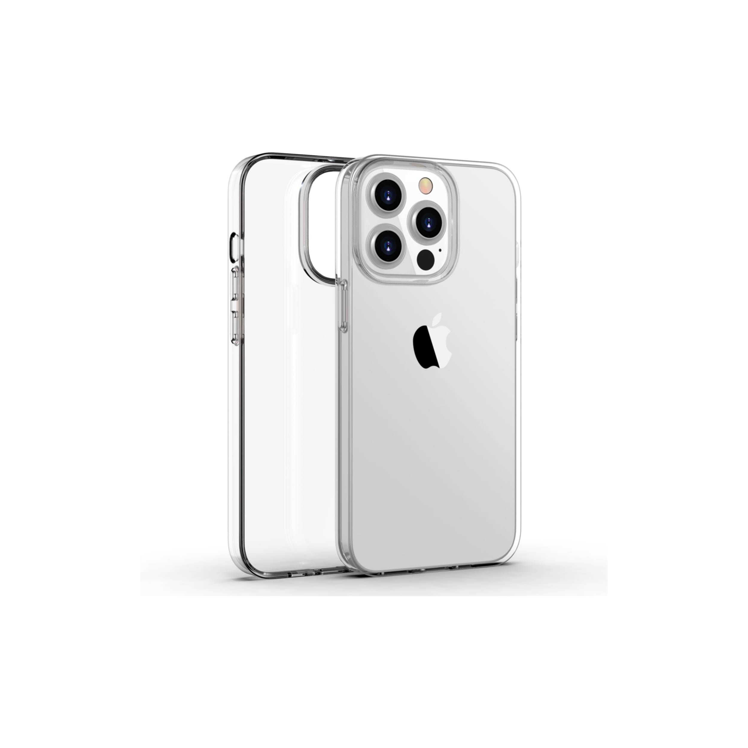 Zwei durchsichtige Handyhüllen auf einem weißen iPhone, vorne und hinten gezeigt, die das schlanke transparente Design und die Kameraaussparung hervorheben.
