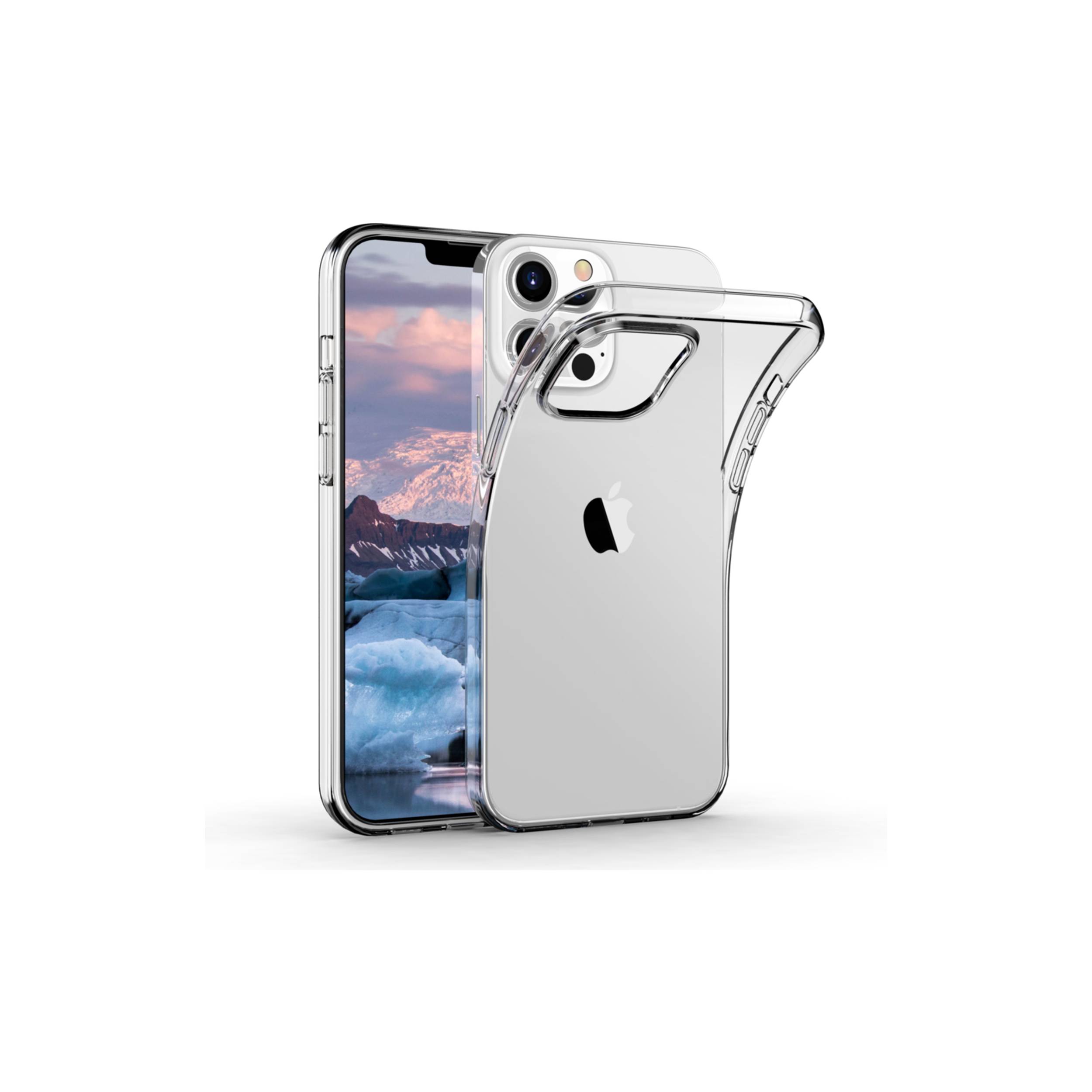 Durchsichtige Schutzhandyhülle auf einem iPhone gezeigt, mit transparenter Rückseite und verstärkten Stoßkanten.