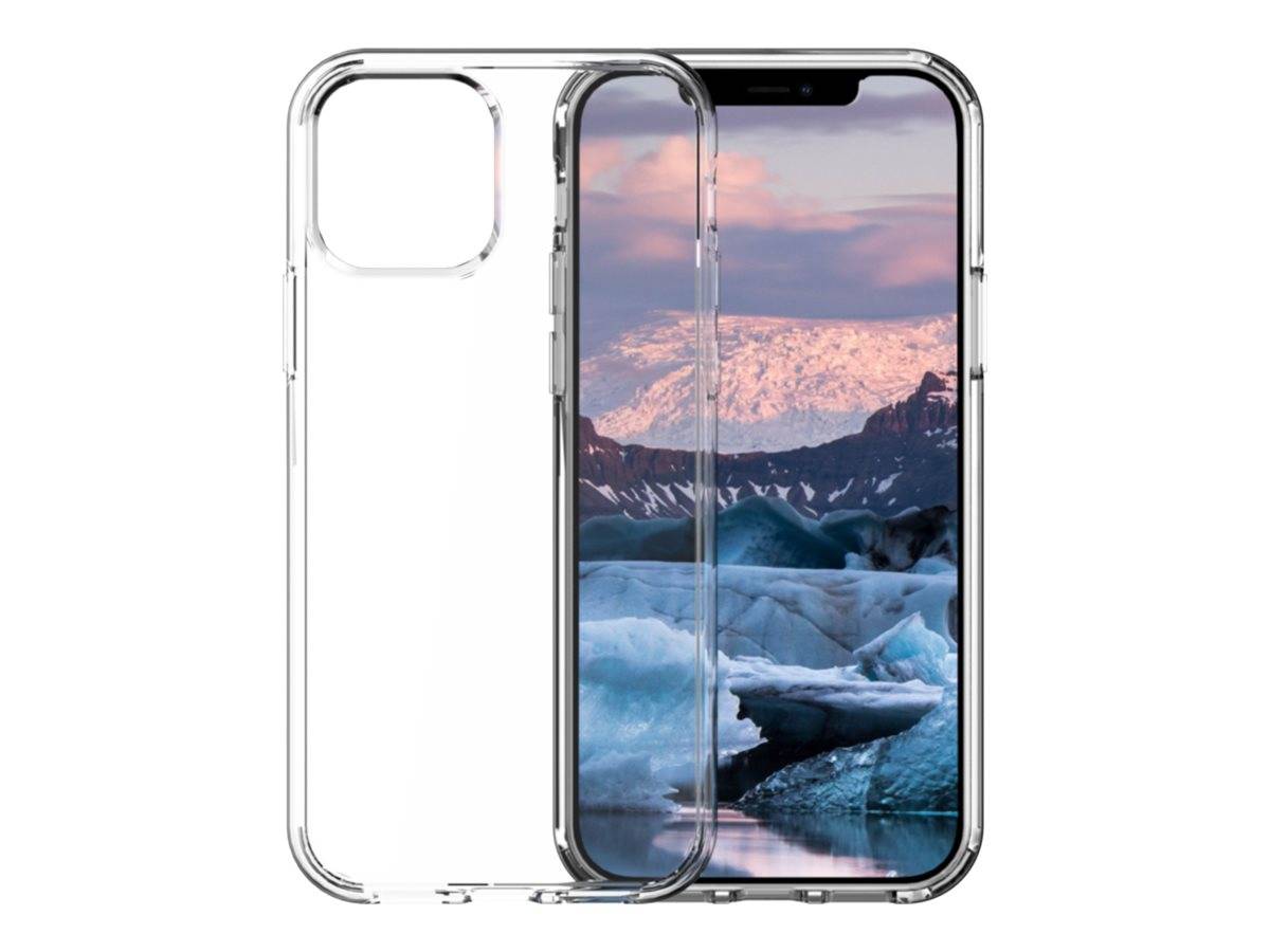 Transparente Handyhülle von vorne und hinten neben einem iPhone, das ein Gletscherlandschafts-Hintergrundbild anzeigt.