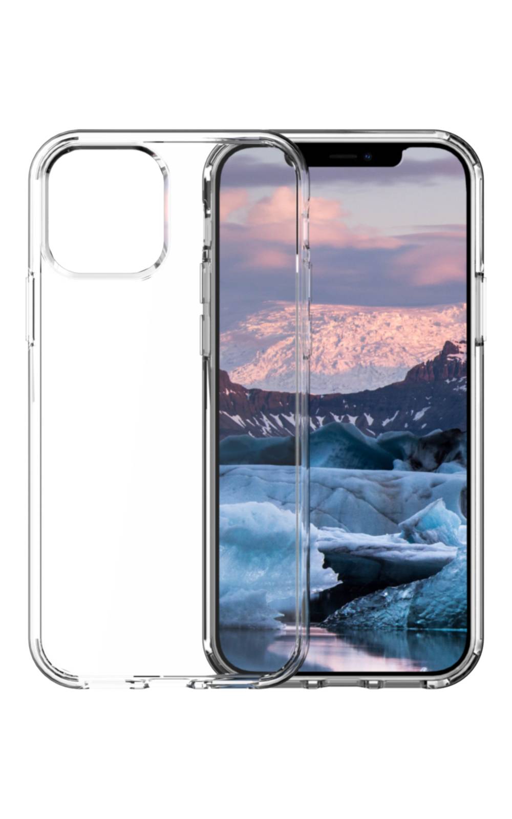 Transparente, klare Handyhülle neben einem iPhone gezeigt, das den Bildschirm und die Kameraaussparung freilegt.