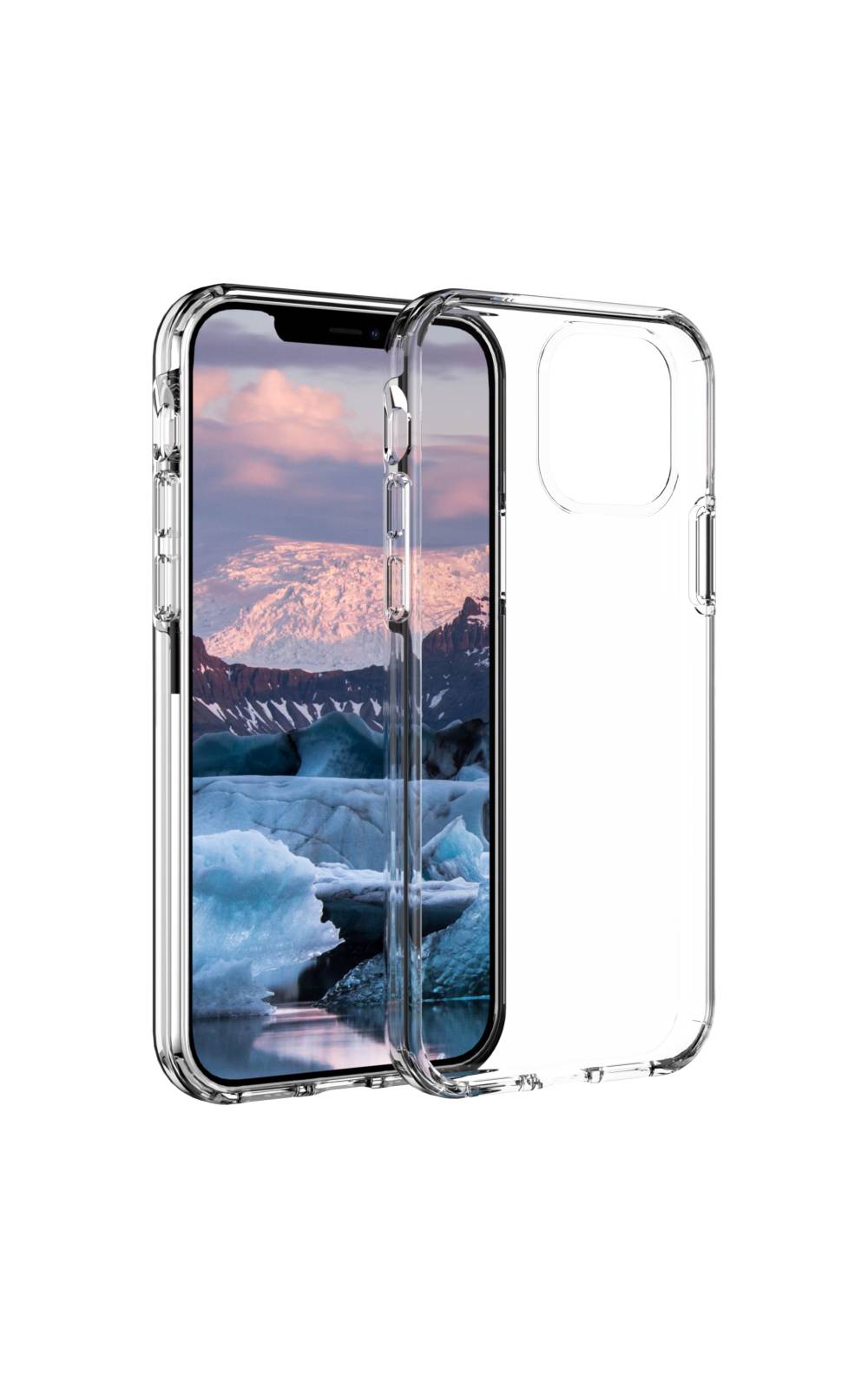Transparente Smartphone-Hülle, geöffnet dargestellt, mit einem iPhone-ähnlichen Telefon im Inneren, das ein Berg- und Gletscher-Hintergrundbild anzeigt.