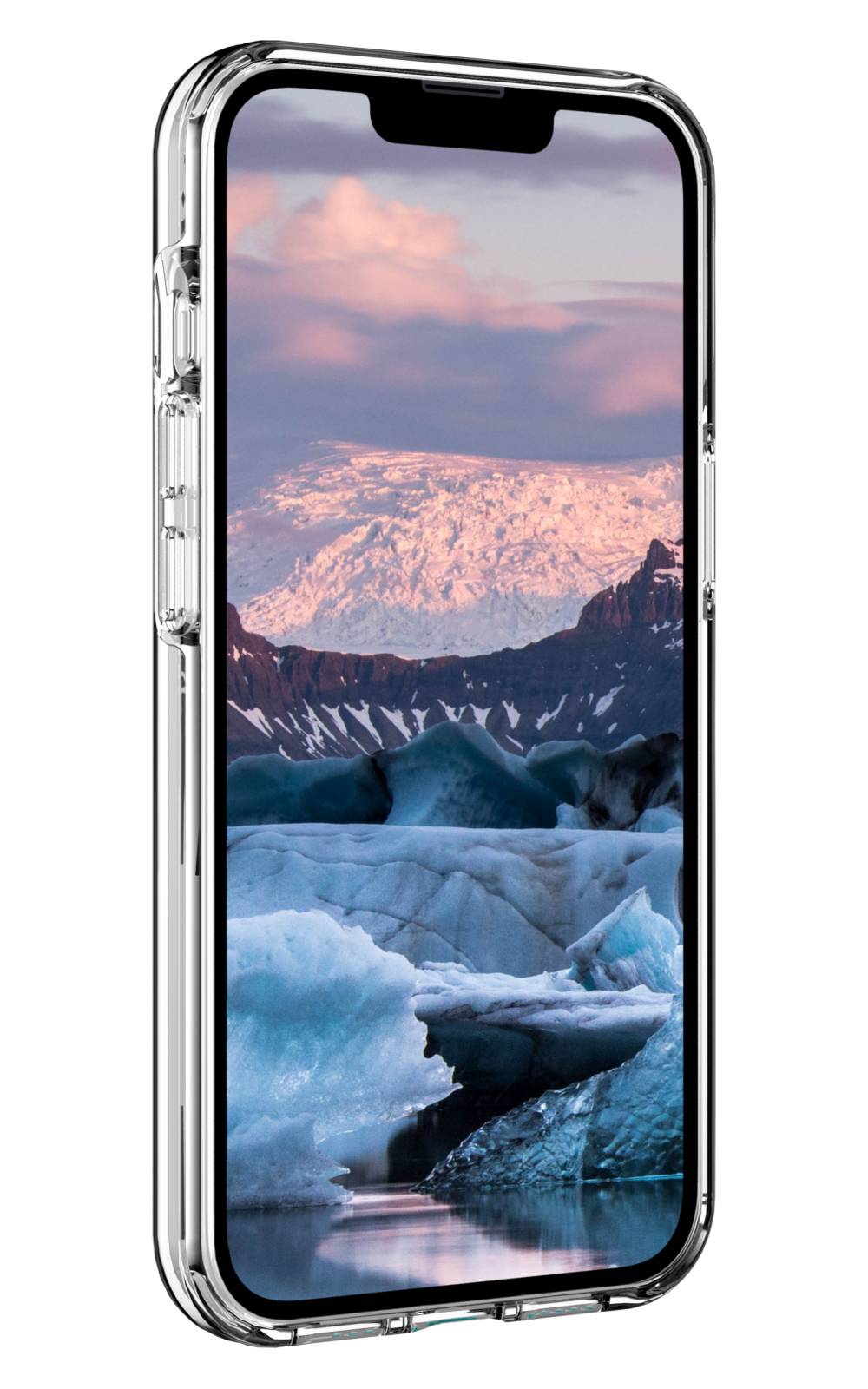 Klares Smartphone in Profilansicht mit einer Berg- und Gletscherlandschaft auf dem Bildschirm angezeigt.