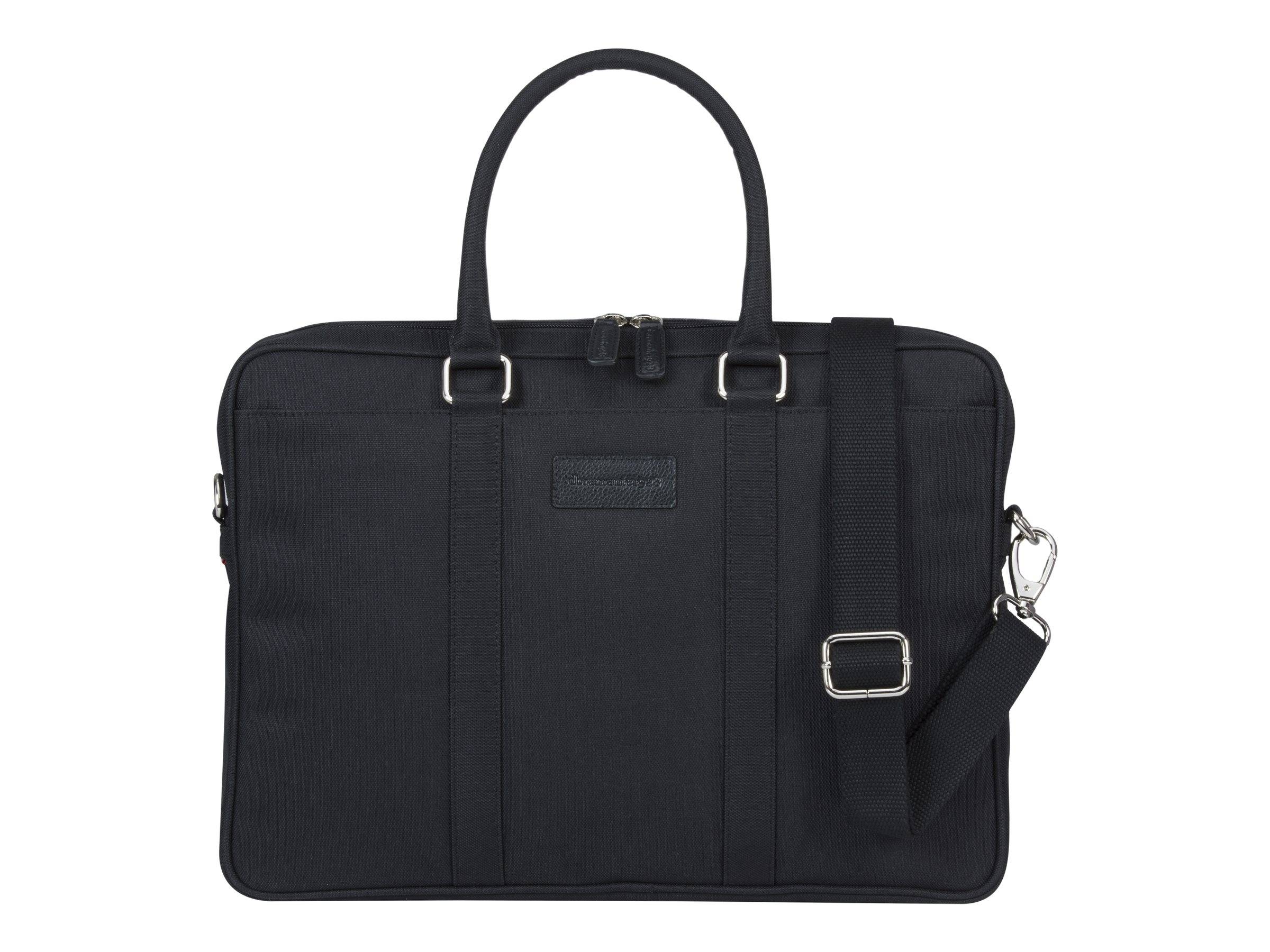 Schwarze Aktentasche mit Doppelgriffen und abnehmbarem Schultergurt, mit Reißverschluss und kleinem Frontenetikett.