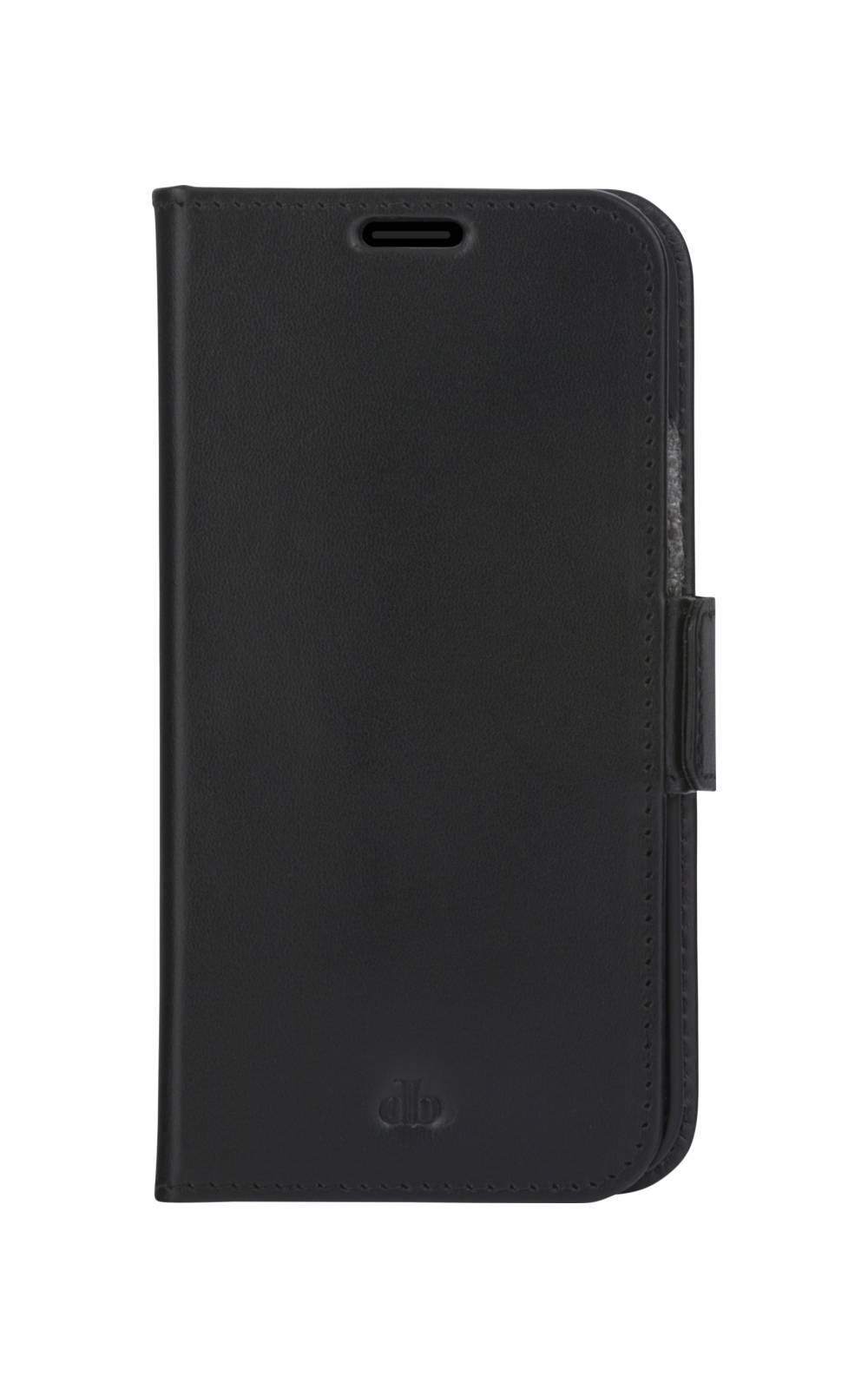 Schwarze Handytasche mit Vorderseite, Kameraausschnitt und seitlicher Verschluss, geschlossen auf weißem Hintergrund dargestellt.